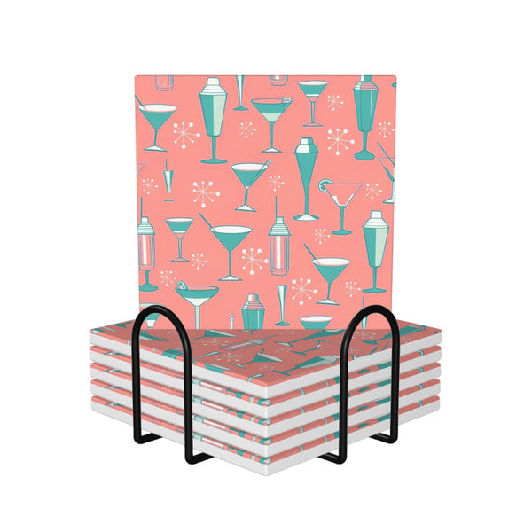 Palm Springs Cali Martini Bar Kitschy Mid Century Coral Aqua Square Ceramic Coasters Set of 6