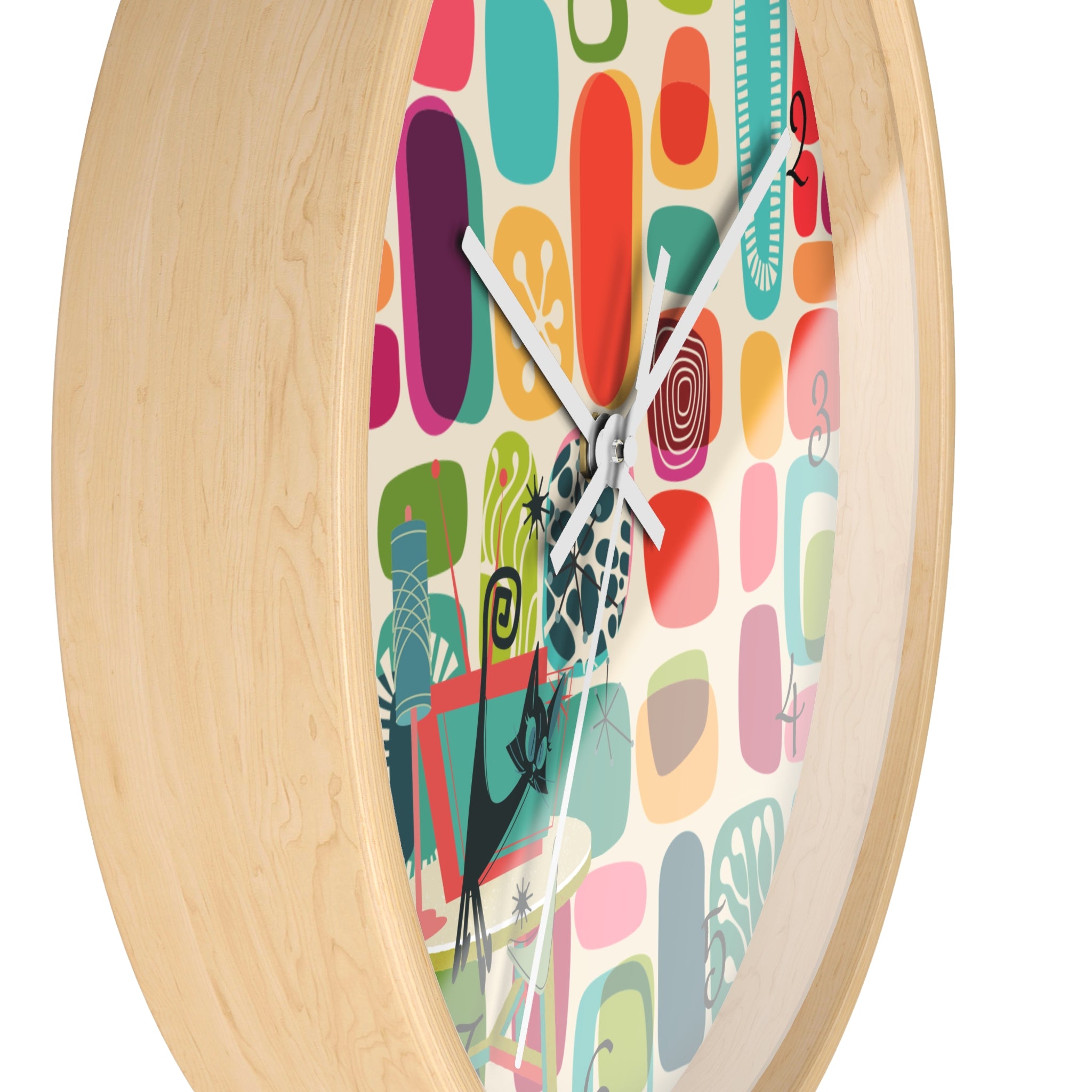 Mid Mod Amoeba Design With Kitschy Atomic Cat, Quirky Fun Retro Wall Clock - Mid Century Modern Gal