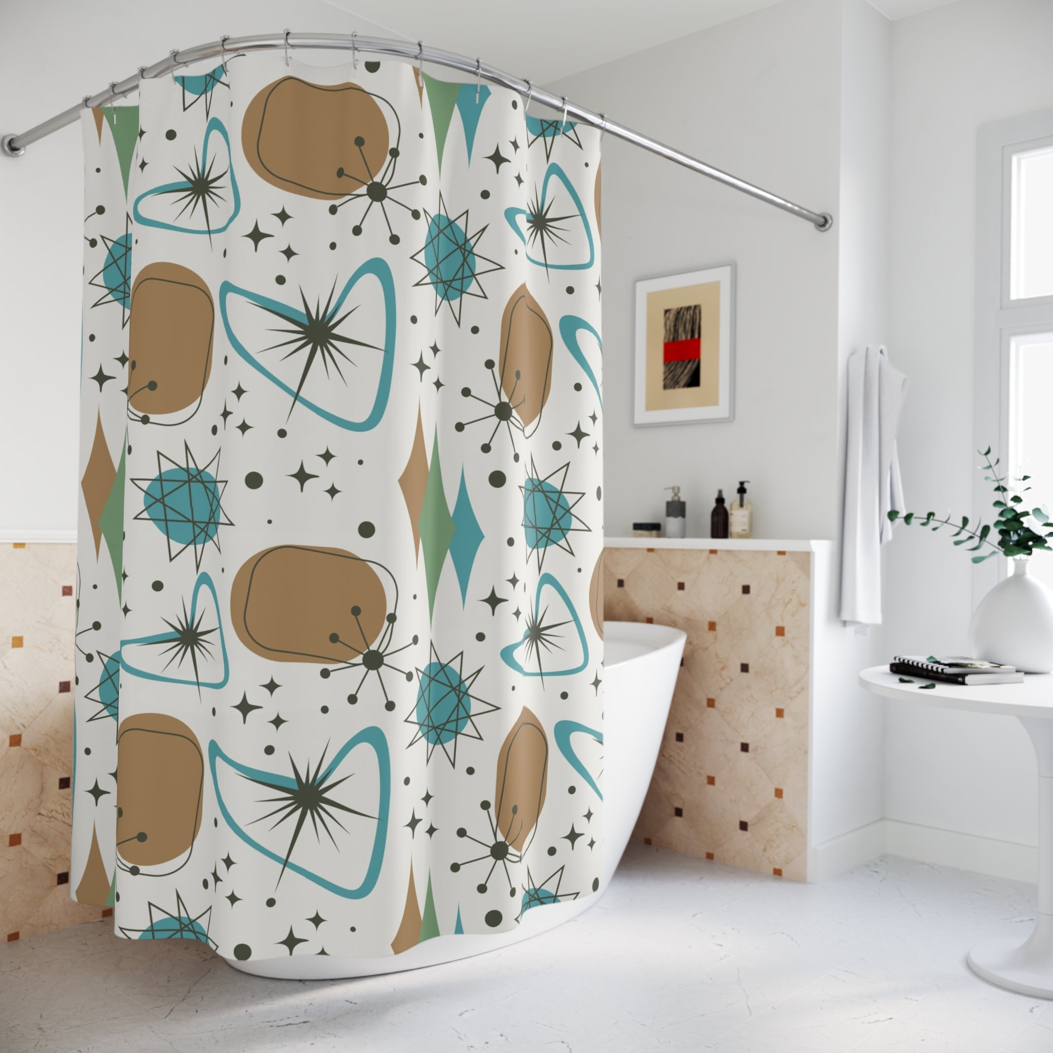 Mid Century Modern Atomic Boomerang Starburst, Mid Mod Shower Curtain - Mid Century Modern Gal