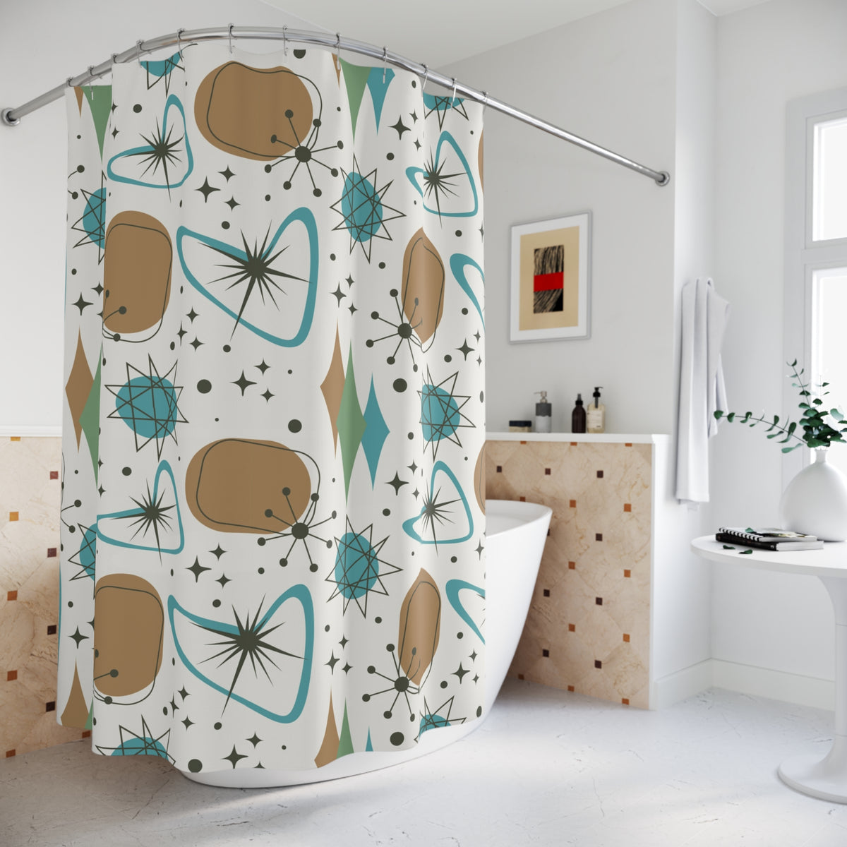 Mid Century Modern Atomic Boomerang Starburst, Mid Mod Shower Curtain - Mid Century Modern Gal