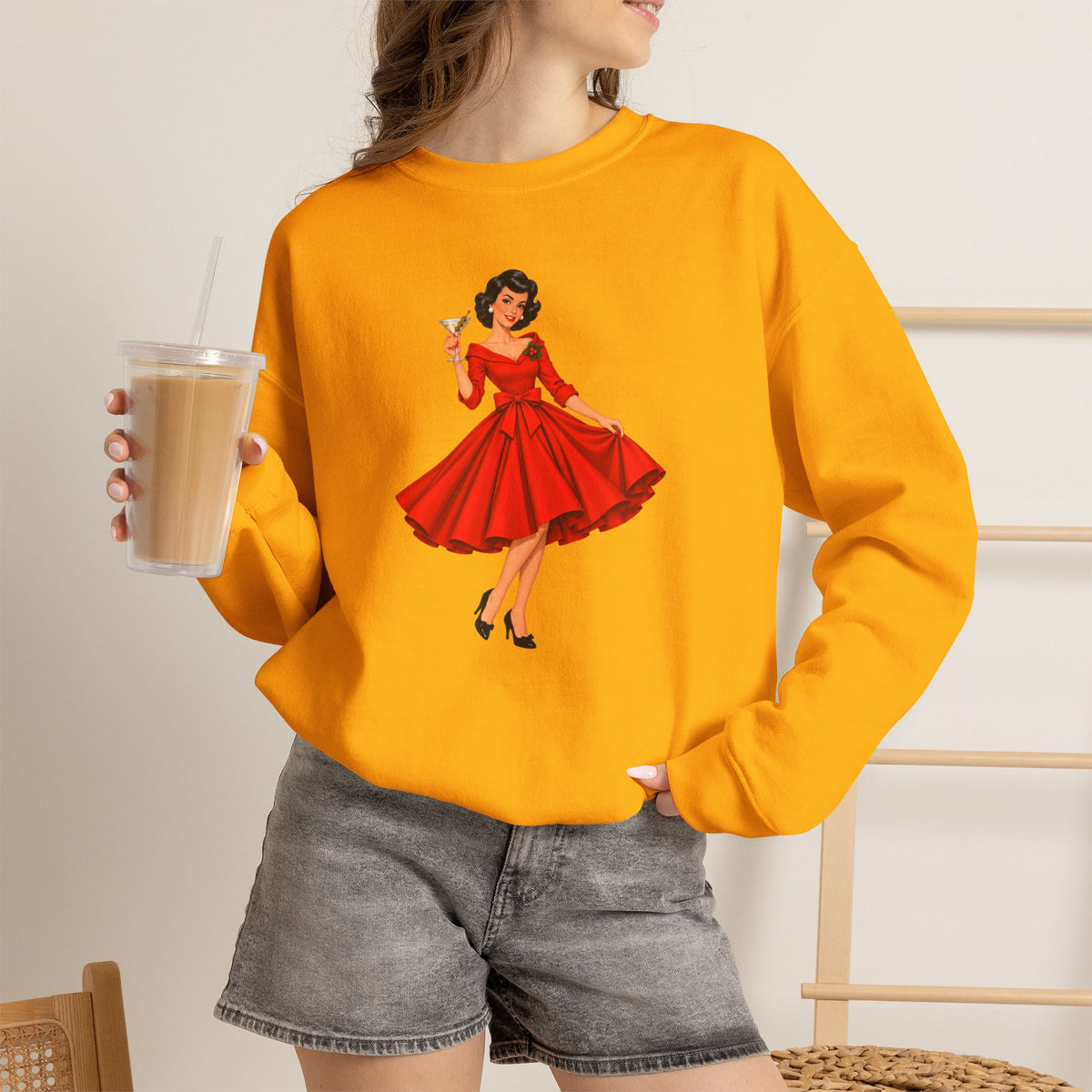 Mid Century Modern Christmas Martini Gal Unisex Heavy Blend™ Crewneck Sweatshirt - Mid Century Modern Gal
