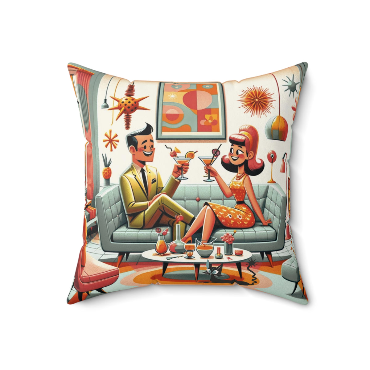 Mid Century Modern Coctail Kitschy 50d Pillow And Insert, With MCM Couple, Atomic Cat Pillow - Mid Century Modern Gal