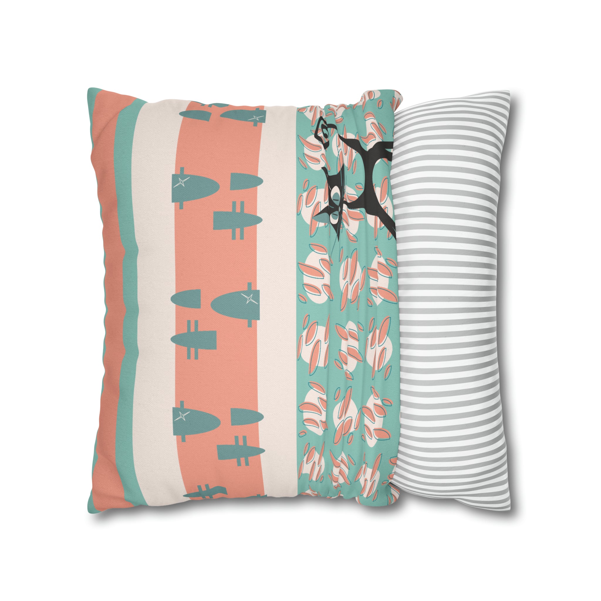 50s Nostalgic Atomic Cat Mid Century Modern Aqua, Coral Pink Peach, Kitschy Mid Century Modern Pillow Cover ONLY - Mid Century Modern Gal