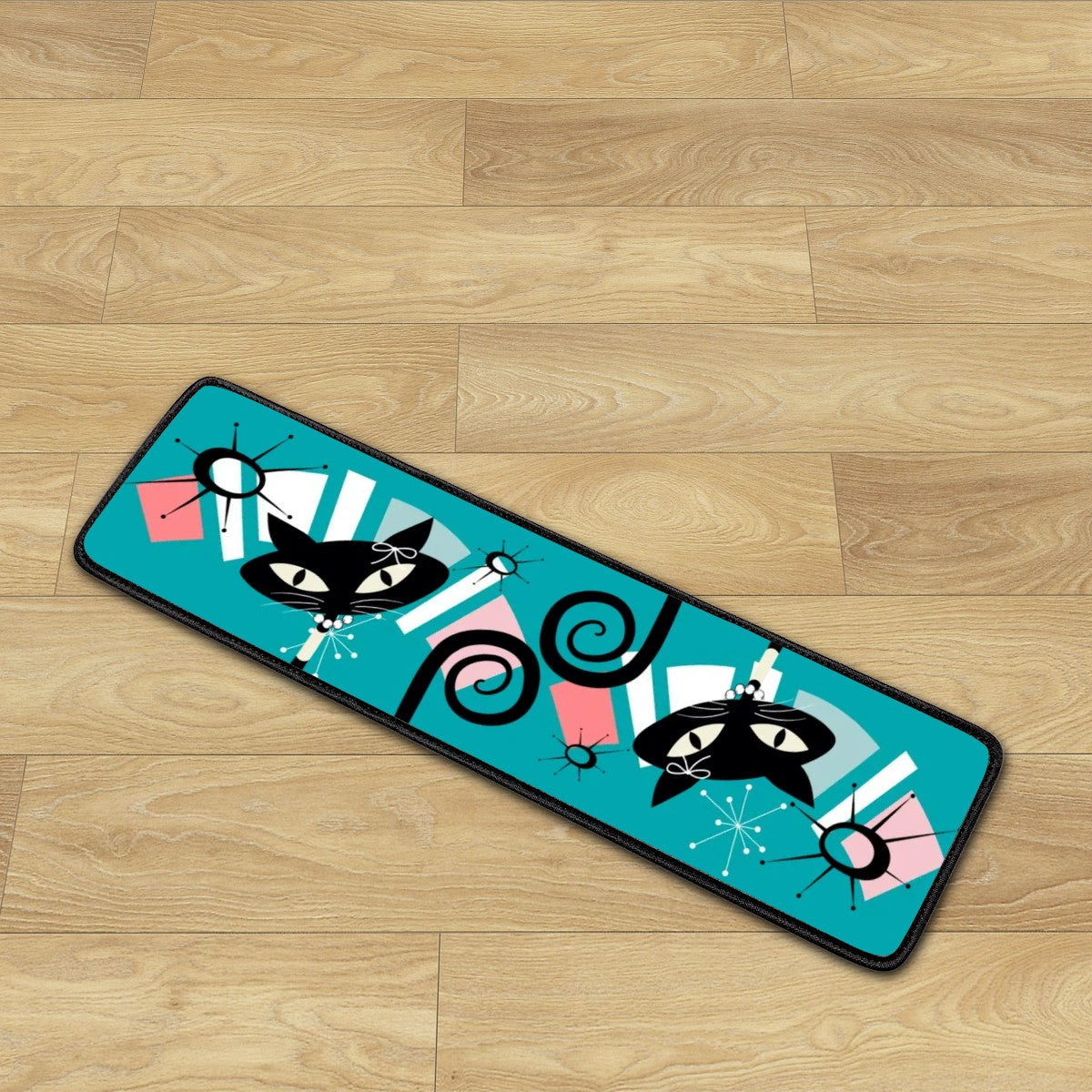 Atomic Cat Teal Coral Funky Quirky Kitschy Mod Non Slip Carpet for Stairs Treads - Mid Century Modern Gal