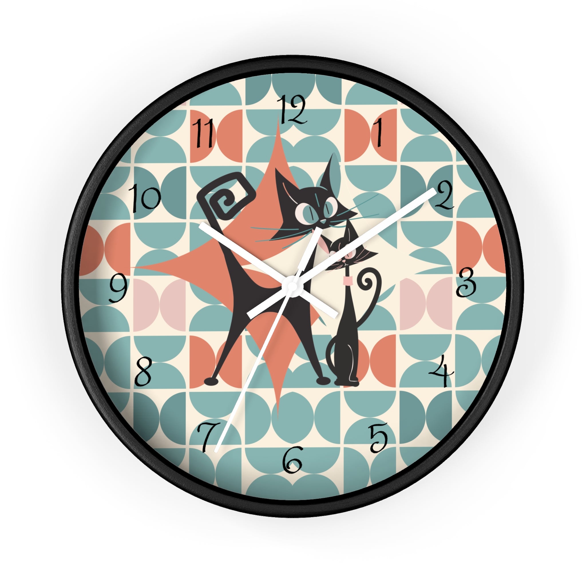 Kitchen Clock, Atomic Cat Retro Mid Century Modern Style With Scandinavian Designed Geometric Shapes, 50s Wall Clock For Cat Lovers - Mid Century Modern Gal
