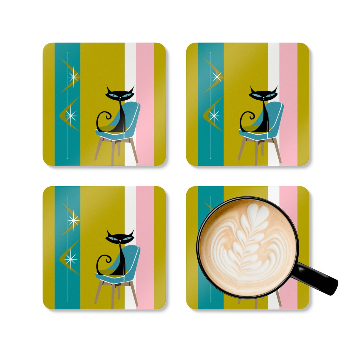 Atomic Cat Boomerang Green, Teal, Pink, White Retro 60's 70's Corkwood Coaster Set - Mid Century Modern Gal