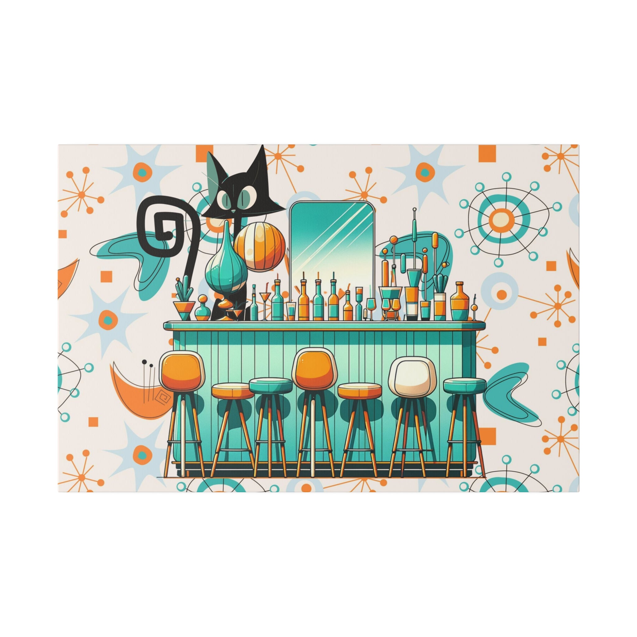 Atomic Cat, Mid Century Modern Kitschy Bar, Orange, Teal Mid Century Modern Wall Art - Mid Century Modern Gal