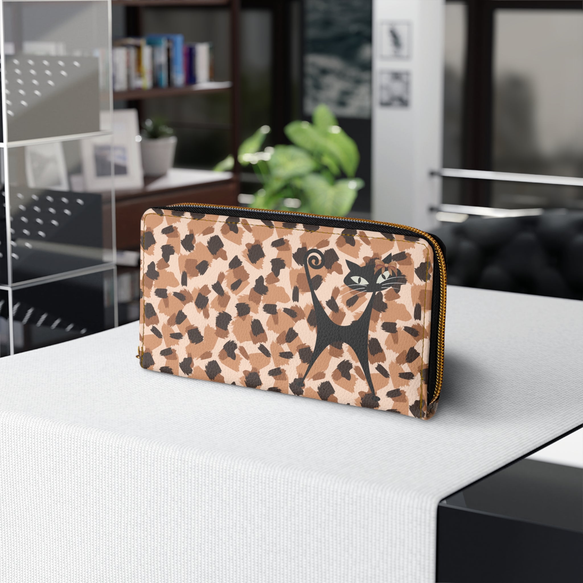 Mid Century Modern Animal Print, Jungle Print Atomic Cat Kitschy Fun Zipper Wallet - Mid Century Modern Gal