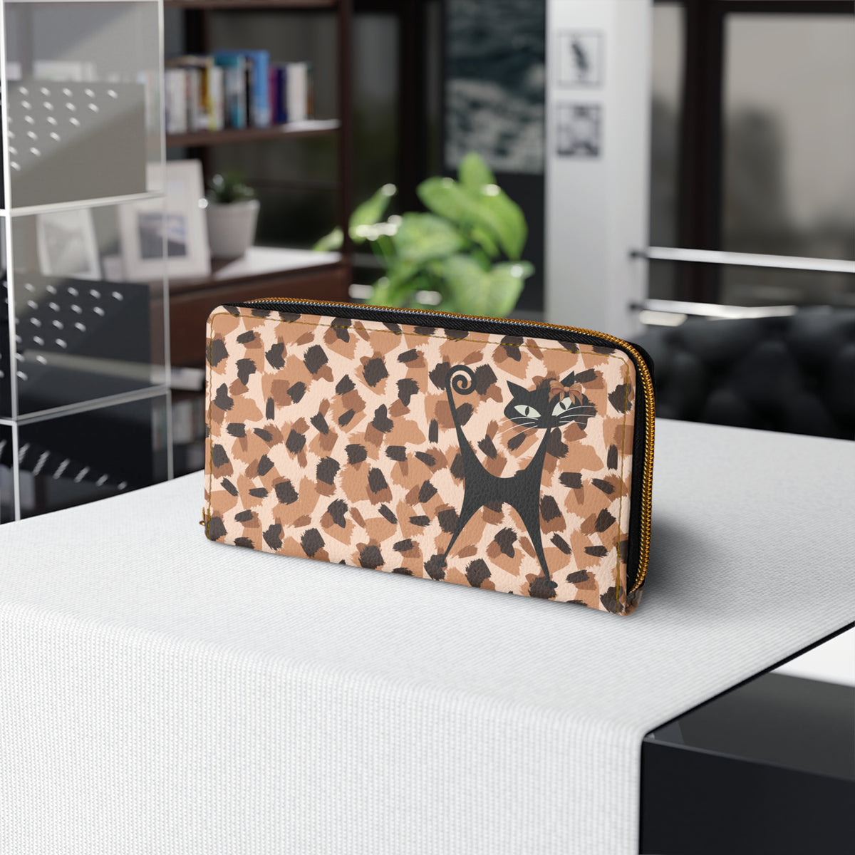 Mid Century Modern Animal Print, Jungle Print Atomic Cat Kitschy Fun Zipper Wallet - Mid Century Modern Gal