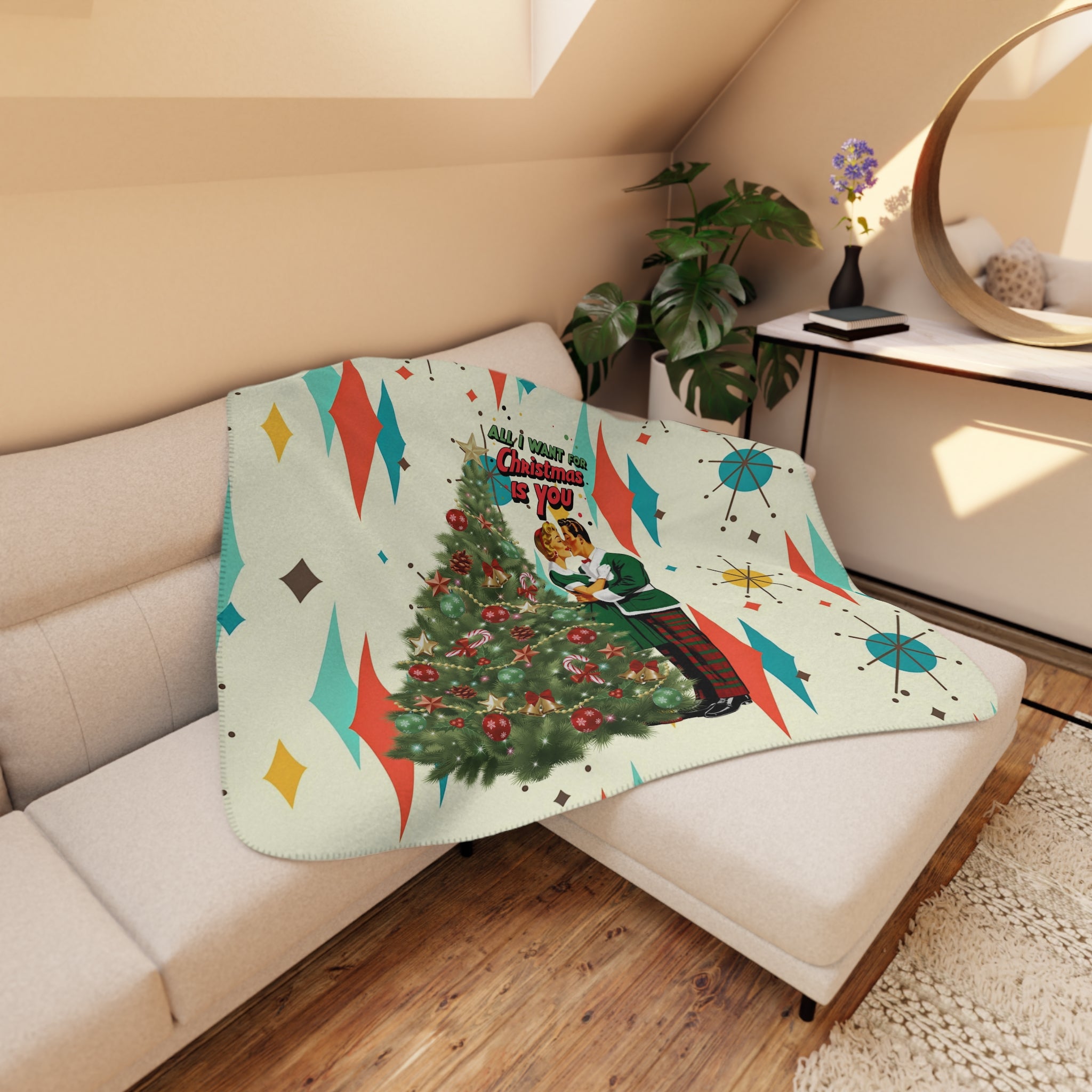 Mid Century Modern Christmas Franciscan Starburst Vintage Couple Cozy Holiday Blanket – &