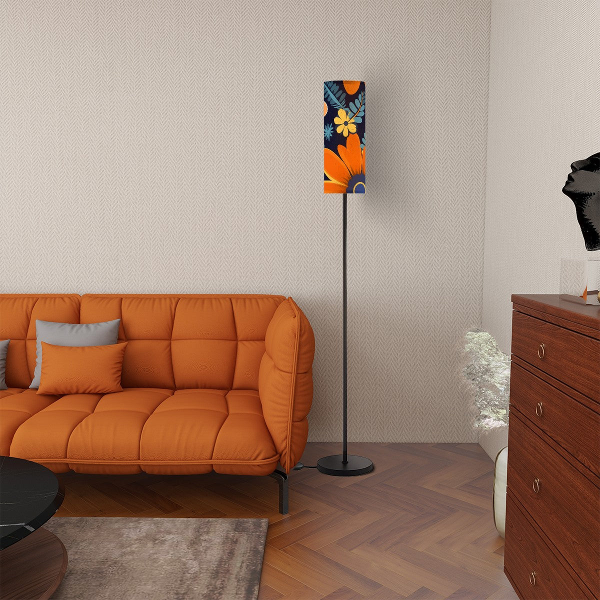 Boho Floor Lamp, Blue, Orange Yellow Mod Bohemian Pattern Slim Floor Lamp - Mid Century Modern Gal