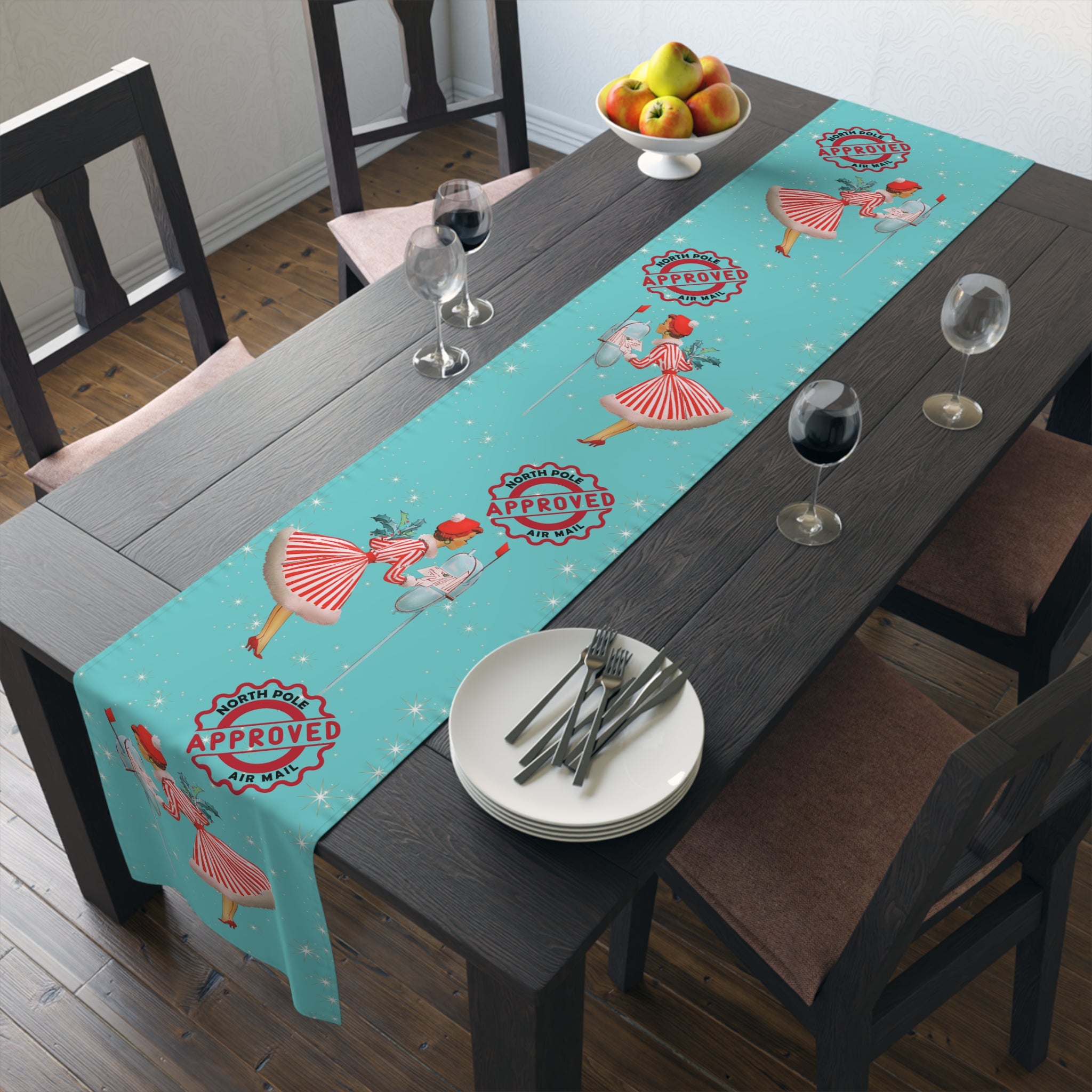 Whimsical 50s Retro Vintage Table Runner, Aqua Blue, North Pole Express, Vintage 50s Gal Holiday Christmas Table Linens - Mid Century Modern Gal