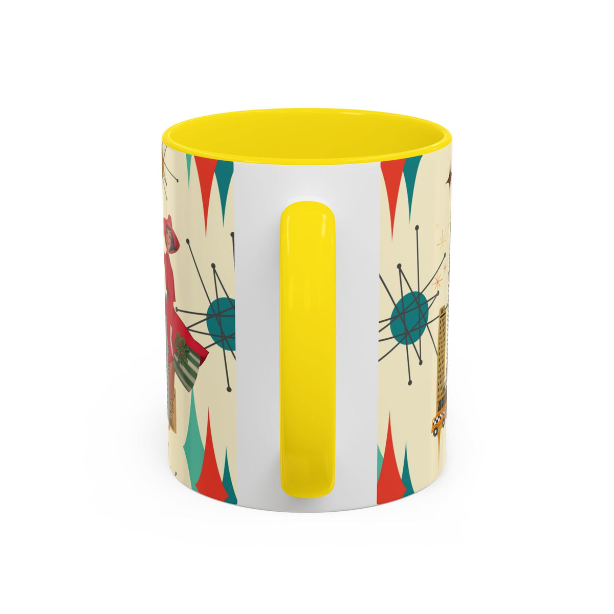 Mid-century modern coffee mug featuring a kitschy Christmas design with a vintage cityscape and colorful starburst accents.