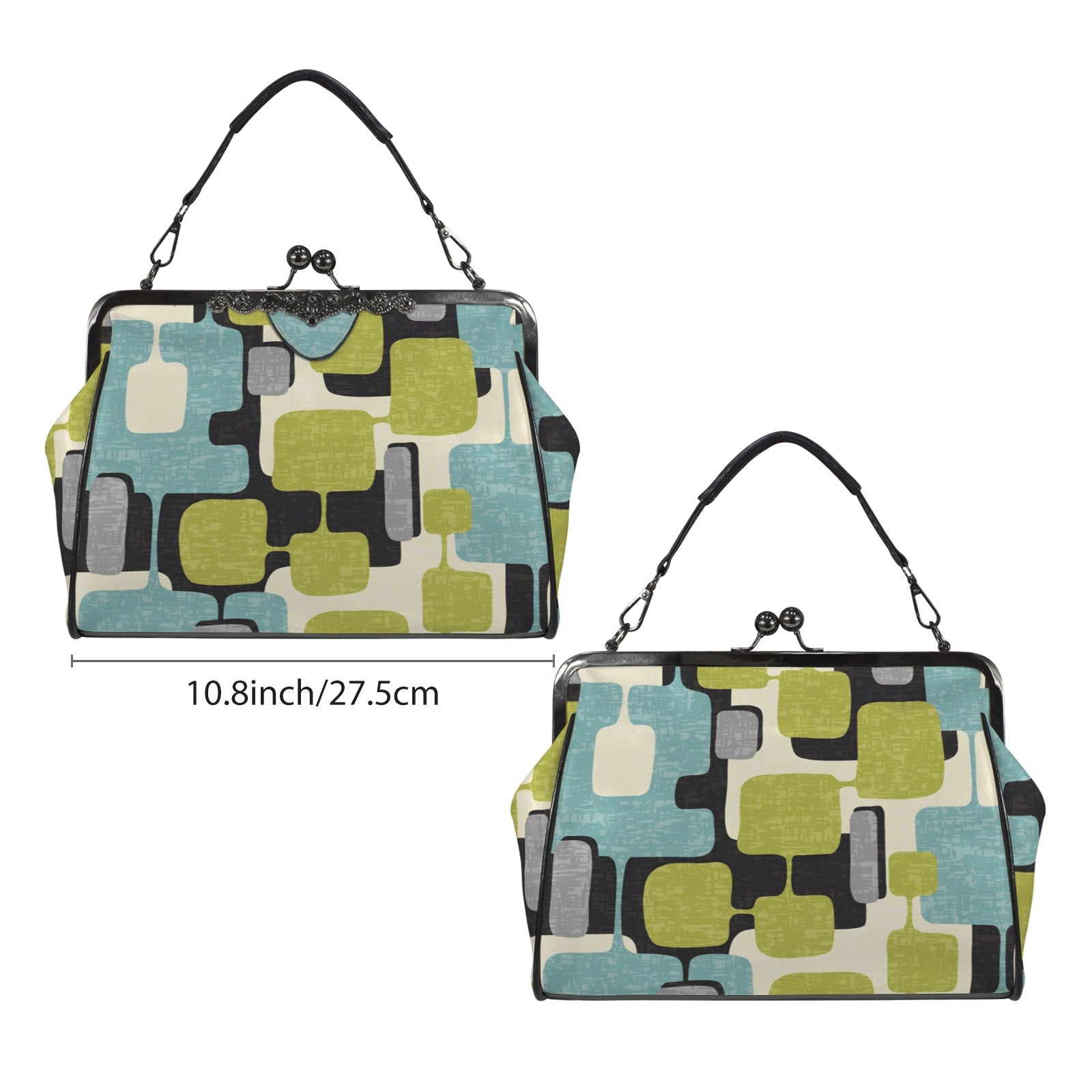 Mid Century Modern Geometric Designed Mod Teal Green Kisslock Crossbody Purse - Mid Century Modern Gal
