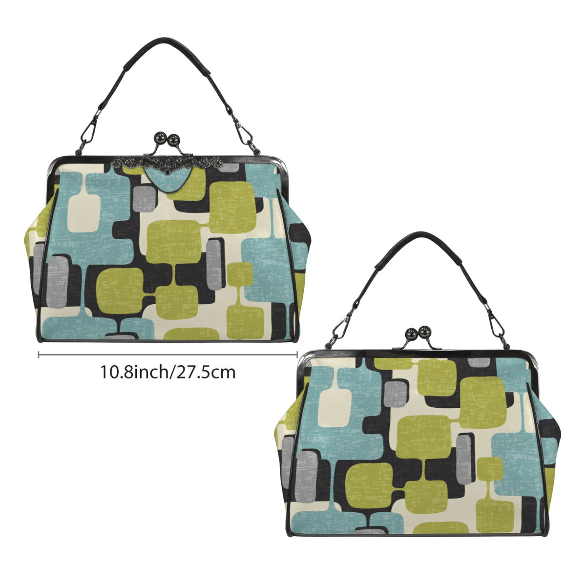 Mid Century Modern Geometric Designed Mod Teal Green Kisslock Crossbody Purse - Mid Century Modern Gal