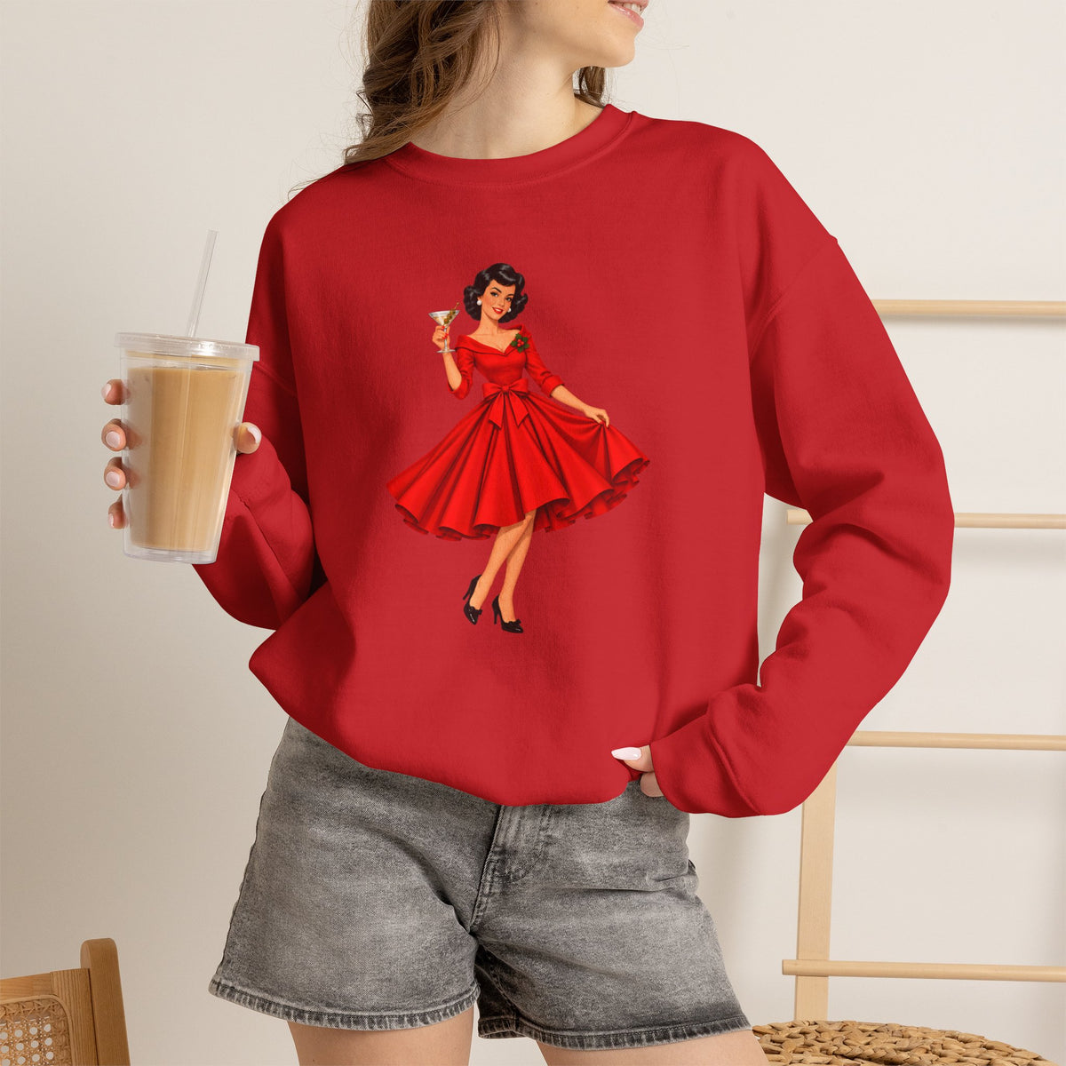 Mid Century Modern Christmas Martini Gal Unisex Heavy Blend™ Crewneck Sweatshirt - Mid Century Modern Gal