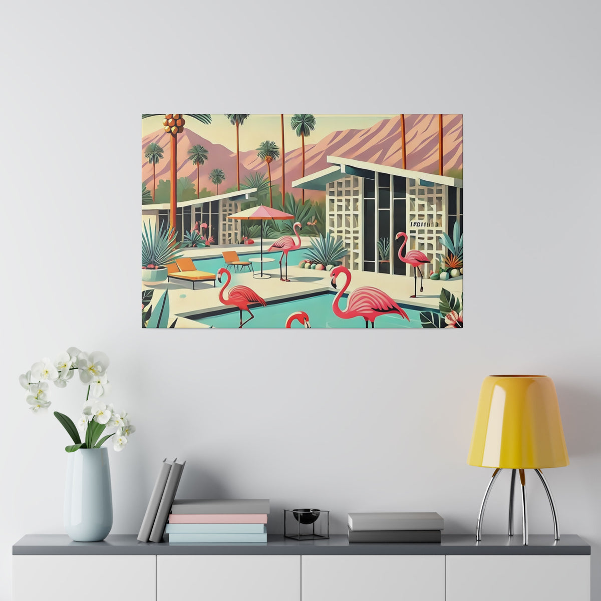Mid-century modern wall art featuring flamingos and a Palm Springs pool scene with vibrant colors and retro design elements.