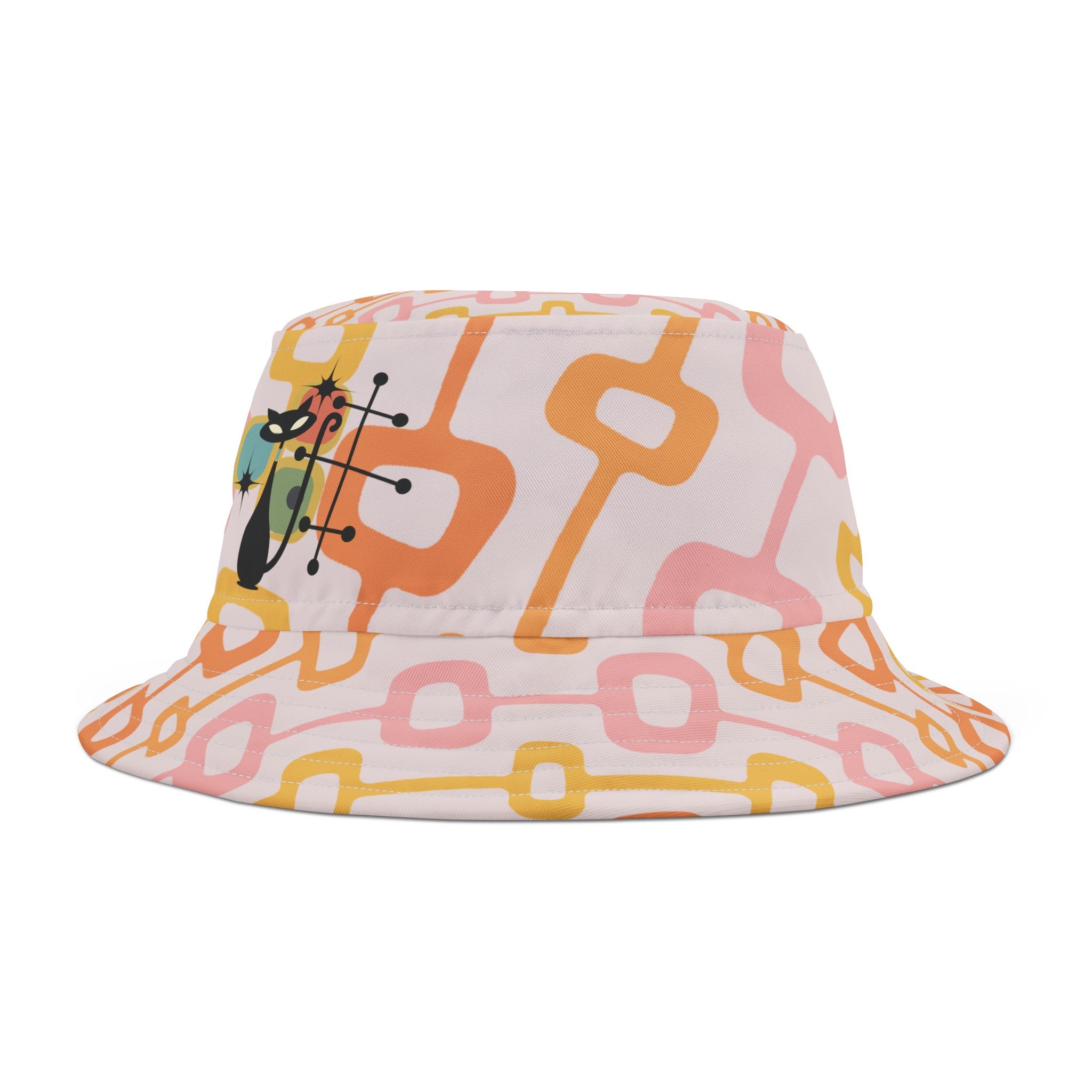 Atomic Cat Mid Mod Summer Bucket Hat In Pink, Orange Yellow Geometric Mod Design - Mid Century Modern Gal