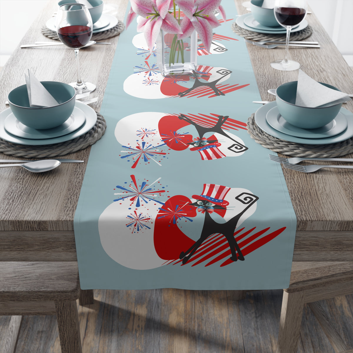 4th Of July Party Table Accessories With Atomic Cats, Mid Mod Style Patriotic Table Runner - Mid Century Modern Gal
