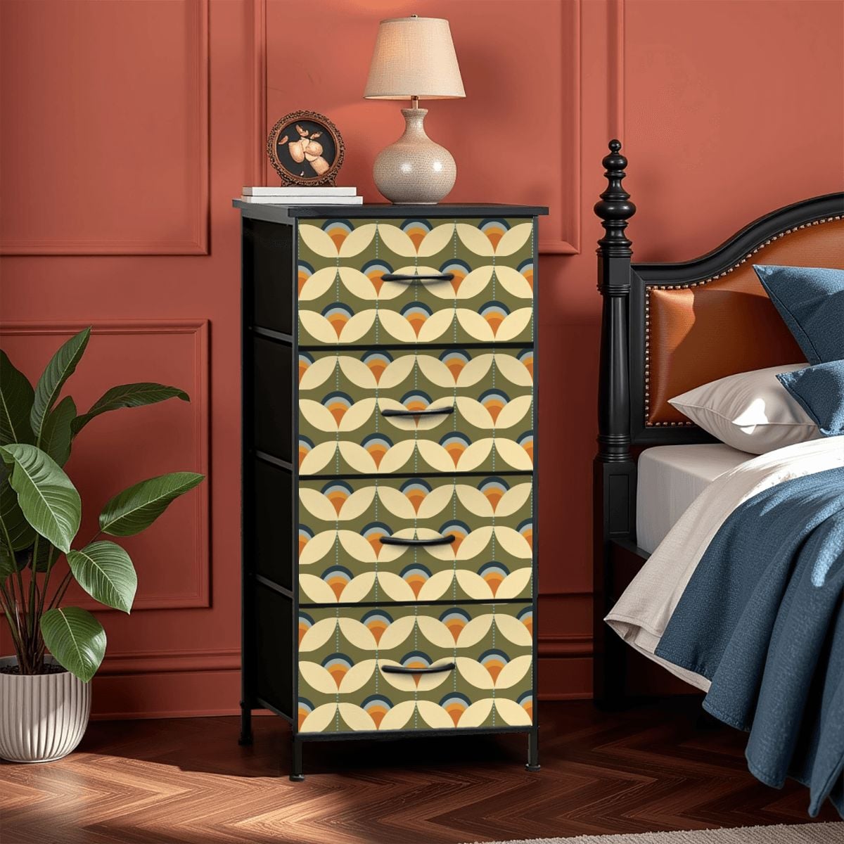 Mid Century Modern Scandinavian Olive Green Floral 4-Drawer Dresser - 8849495490715 Mid Century Modern Scandinavian Olive Green Floral 4-Drawer Dresser - 8849495490715