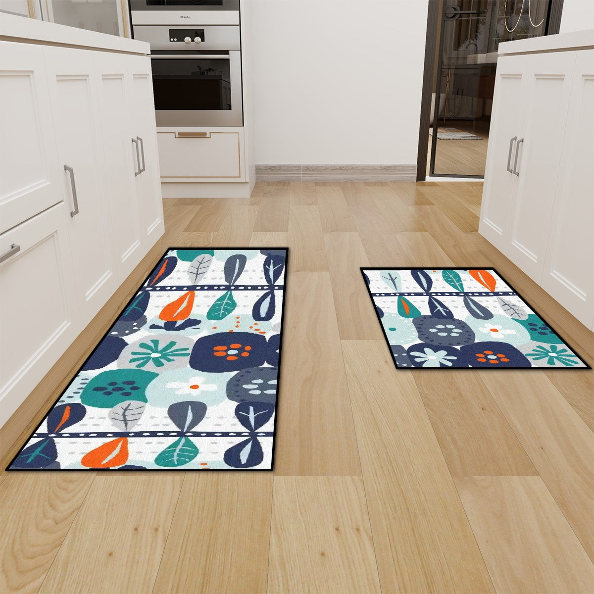 Mid Mod Scandinavian Floral Blue White Orange Retro Kitchen Area Rug Set for Floor Non-Slip Washable - Mid Century Modern Gal