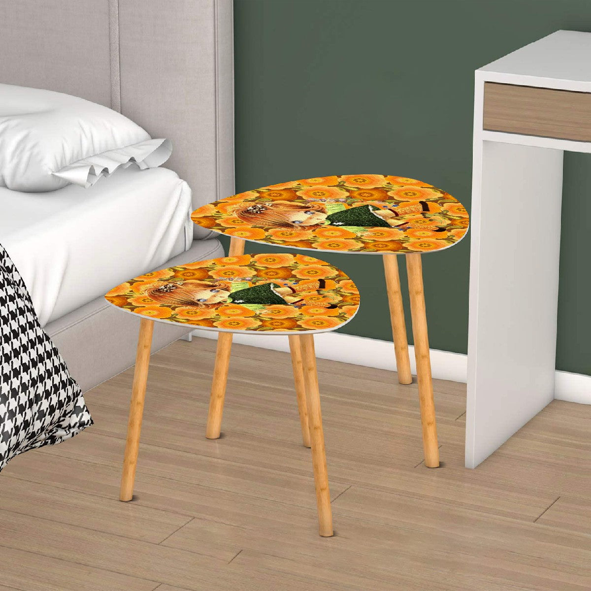 Retro 70s Vintage Big Eyed Girl, Marigolds Flower Power Nesting Tables - Mid Century Modern Gal