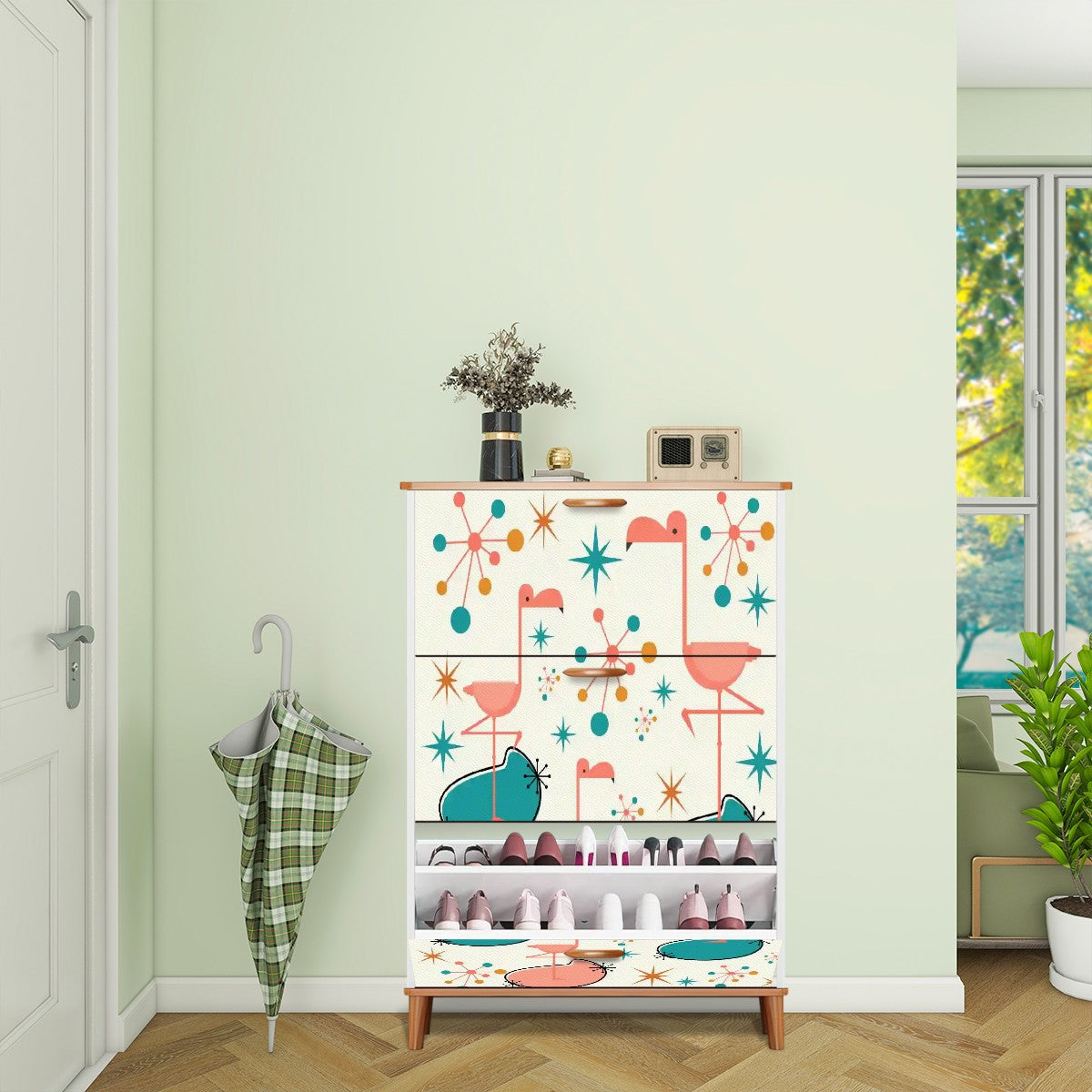 Palm Springs California Kitschy Flamingo Mid Mod Shoe Cabinet - Mid Century Modern Gal