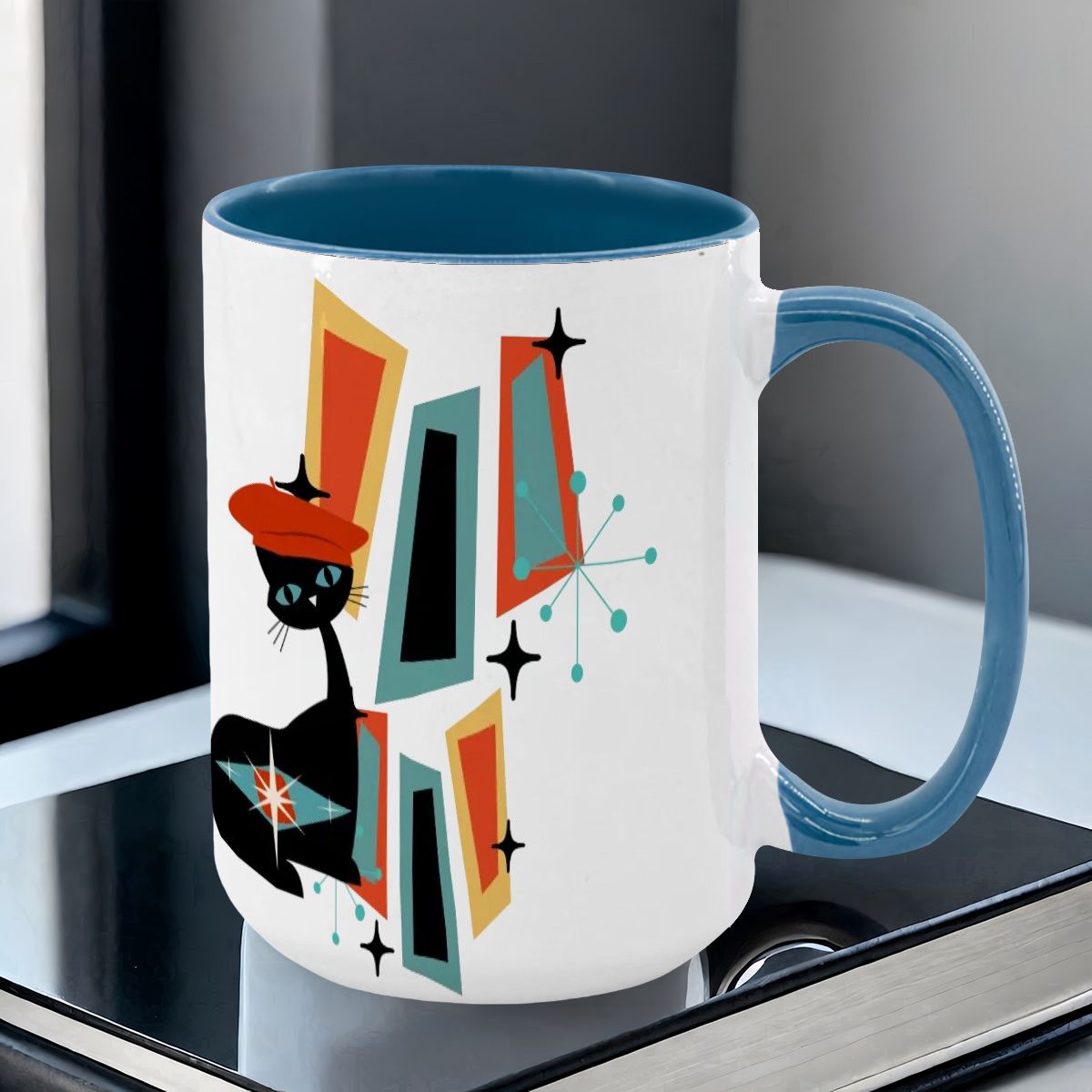 Atomic Cat Mid Century Modern Coffee Mug With Geometric Design