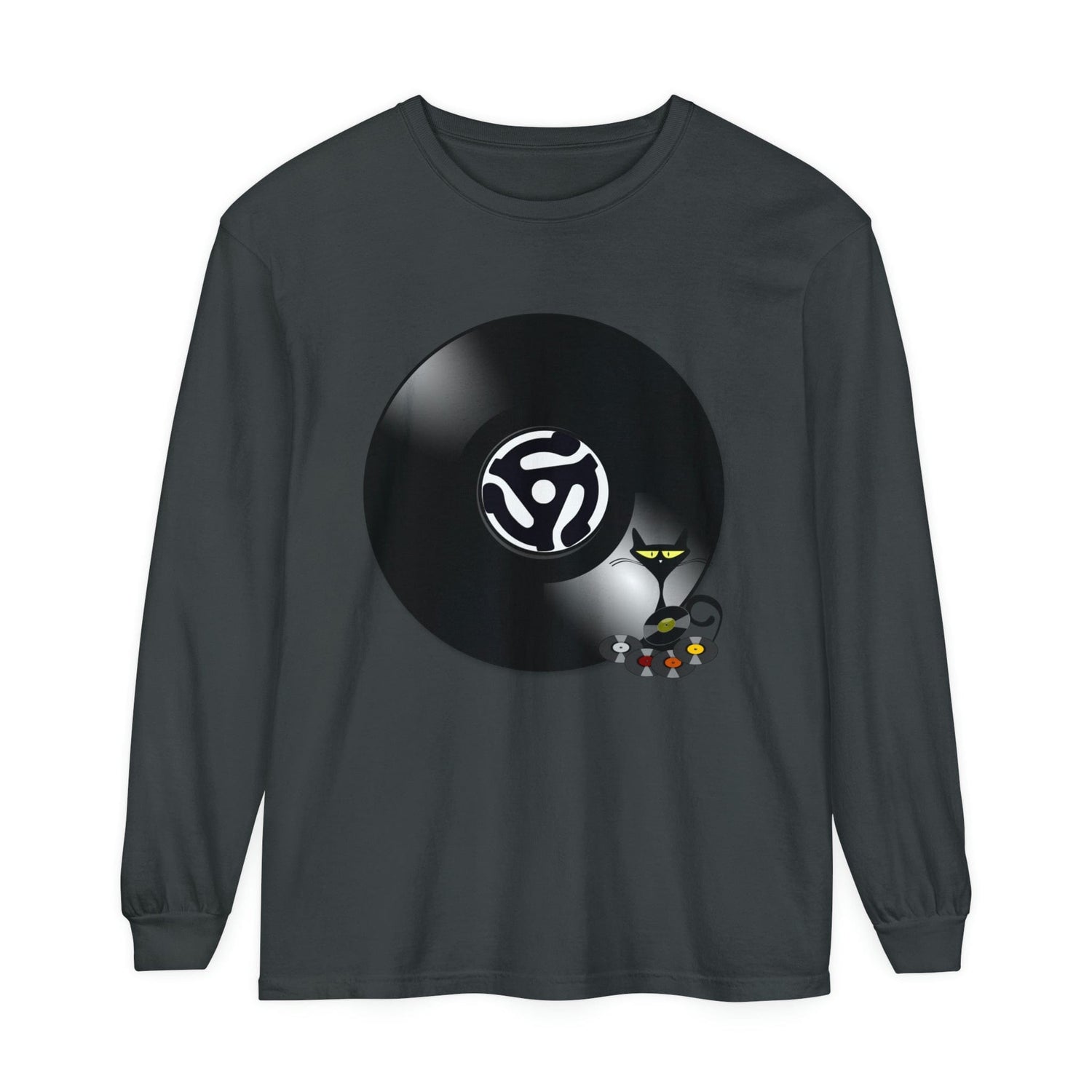45 Rpm Vinyl Record, Cool Atomic Cat, Music Lover, DJ Spinning Unisex Long Sleeve T-Shirt - Mid Century Modern Gal