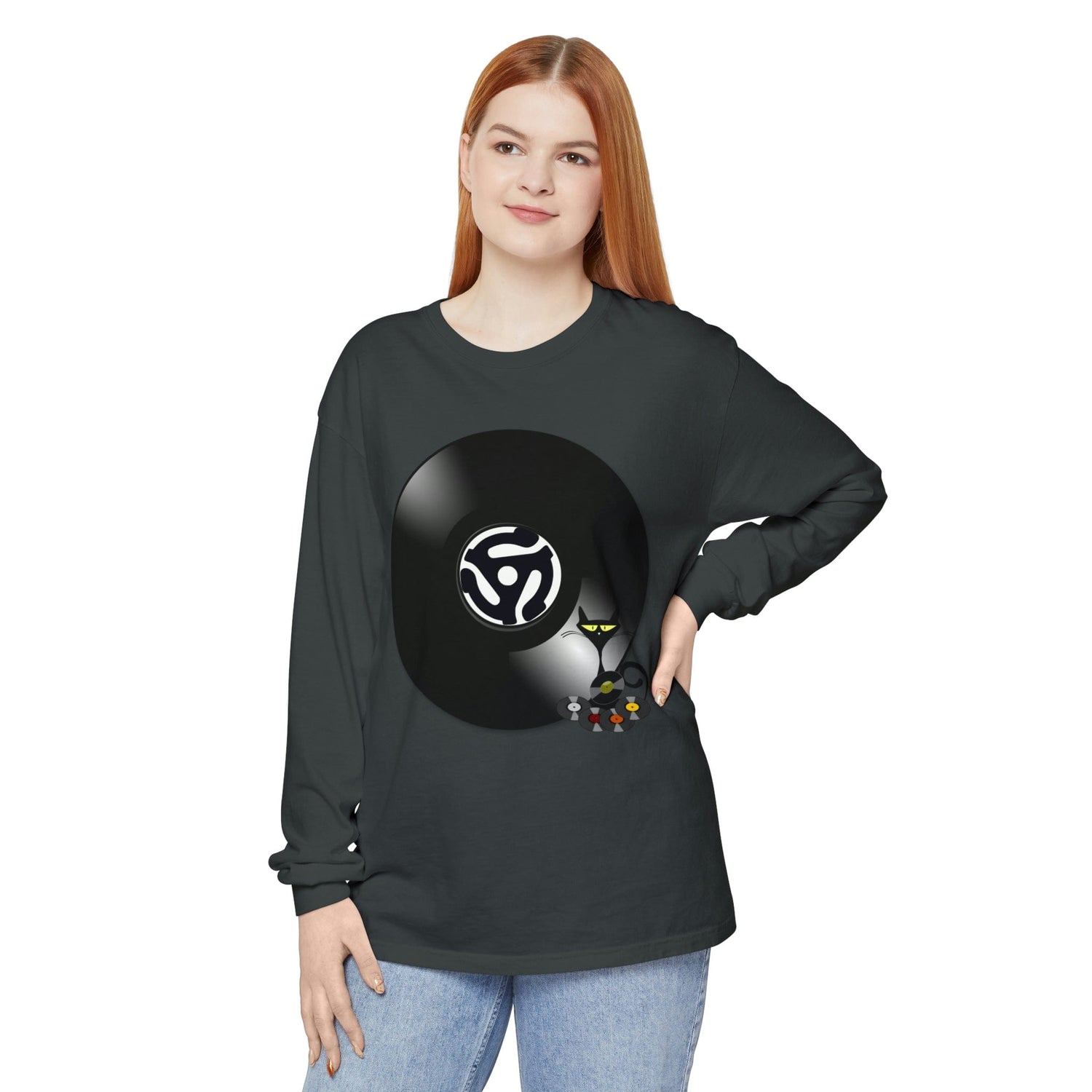 45 Rpm Vinyl Record, Cool Atomic Cat, Music Lover, DJ Spinning Unisex Long Sleeve T-Shirt Long-sleeve