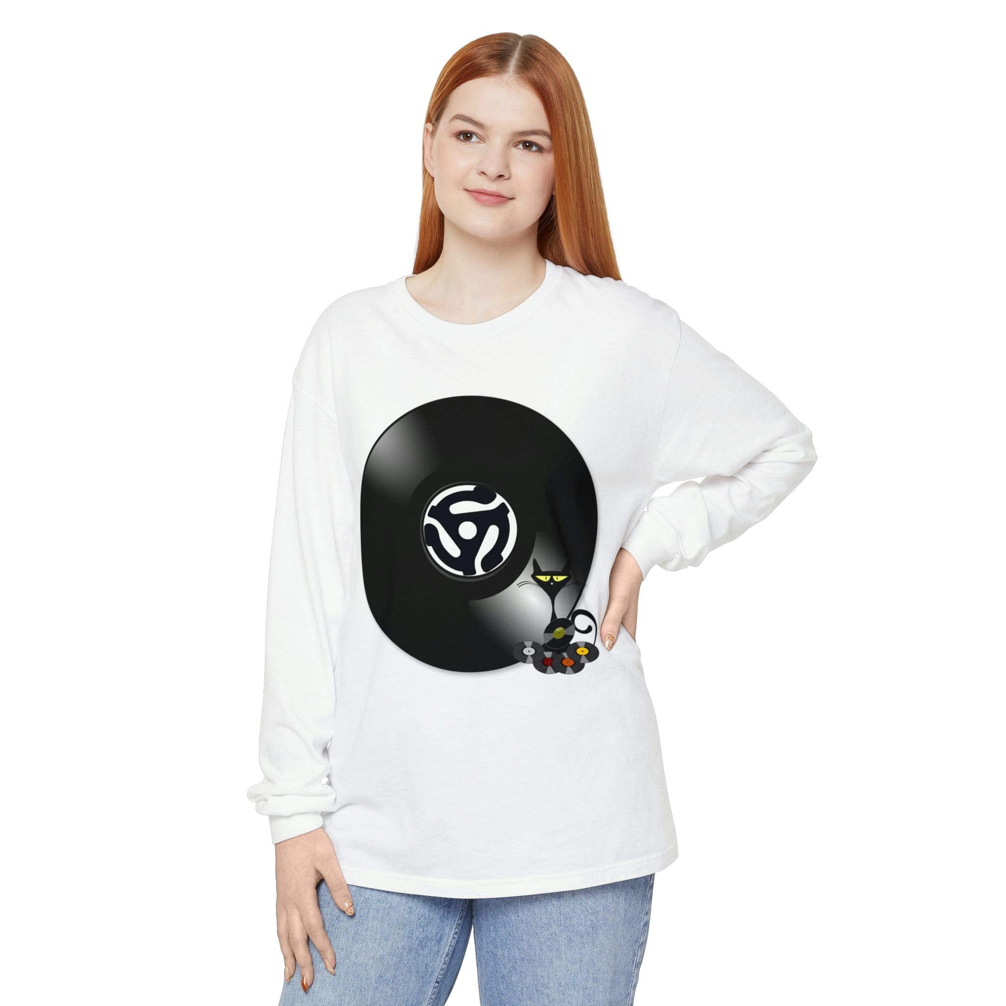 45 Rpm Vinyl Record, Cool Atomic Cat, Music Lover, DJ Spinning Unisex Long Sleeve T-Shirt Long-sleeve