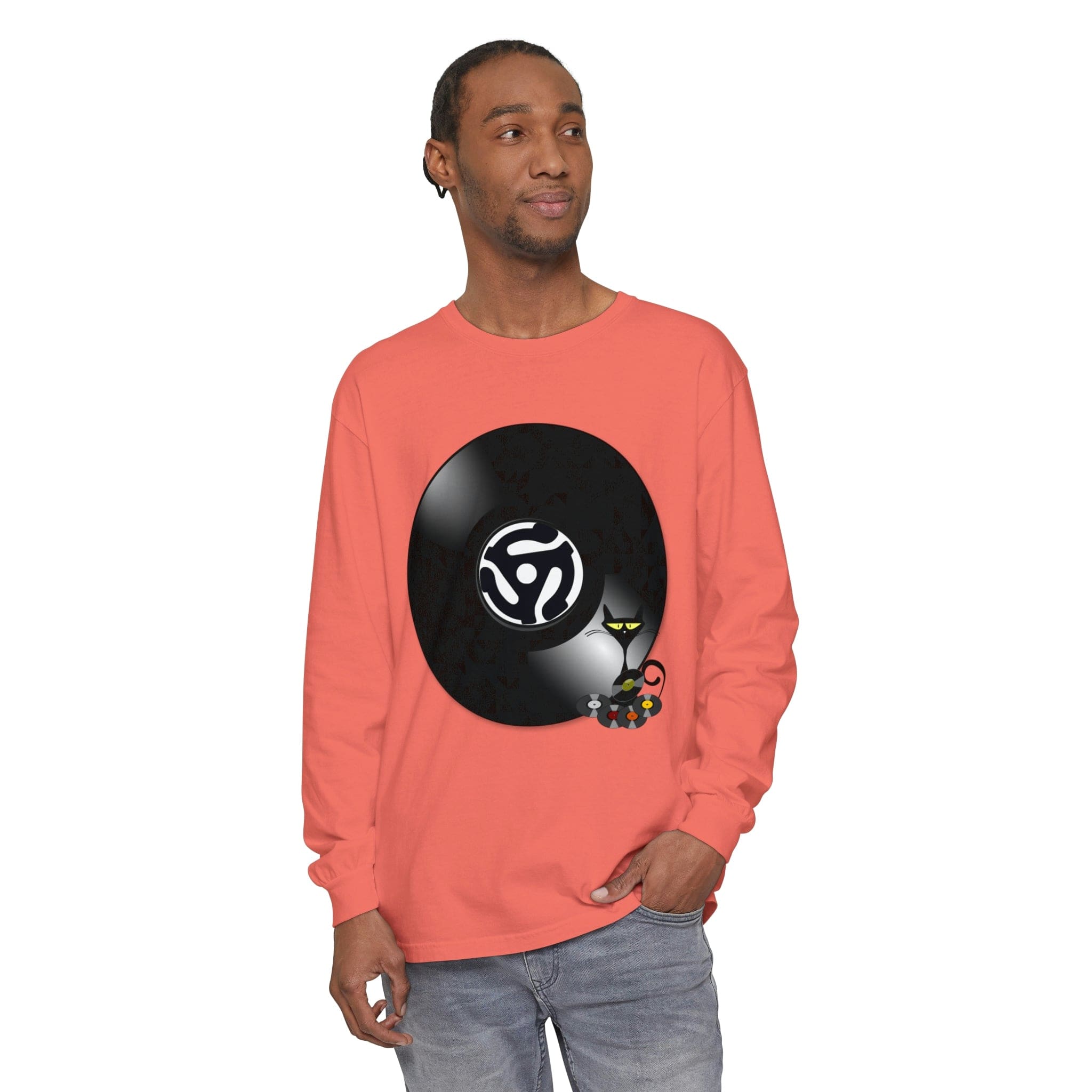 45 Rpm Vinyl Record, Cool Atomic Cat, Music Lover, DJ Spinning Unisex Long Sleeve T-Shirt Long-sleeve