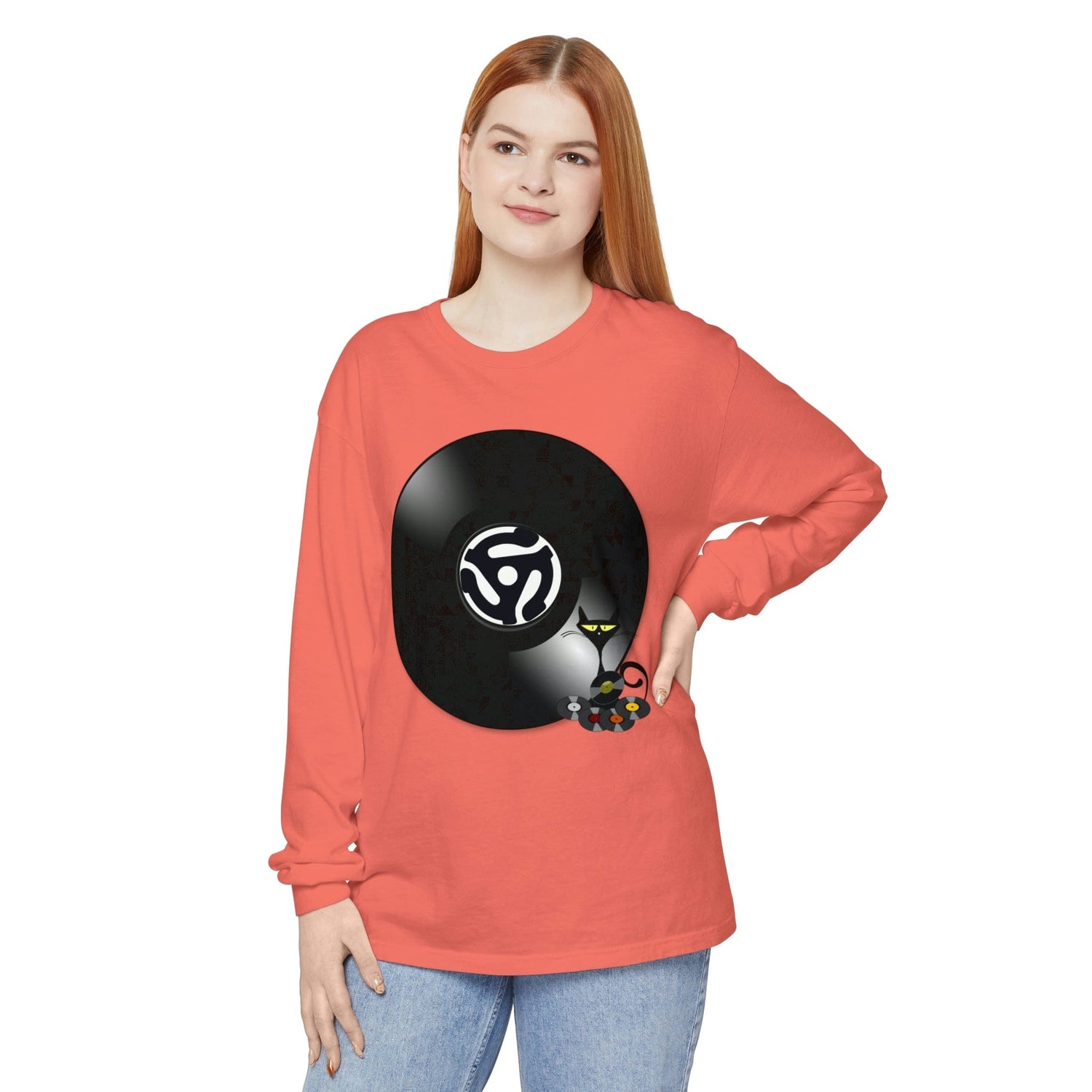 45 Rpm Vinyl Record, Cool Atomic Cat, Music Lover, DJ Spinning Unisex Long Sleeve T-Shirt Long-sleeve
