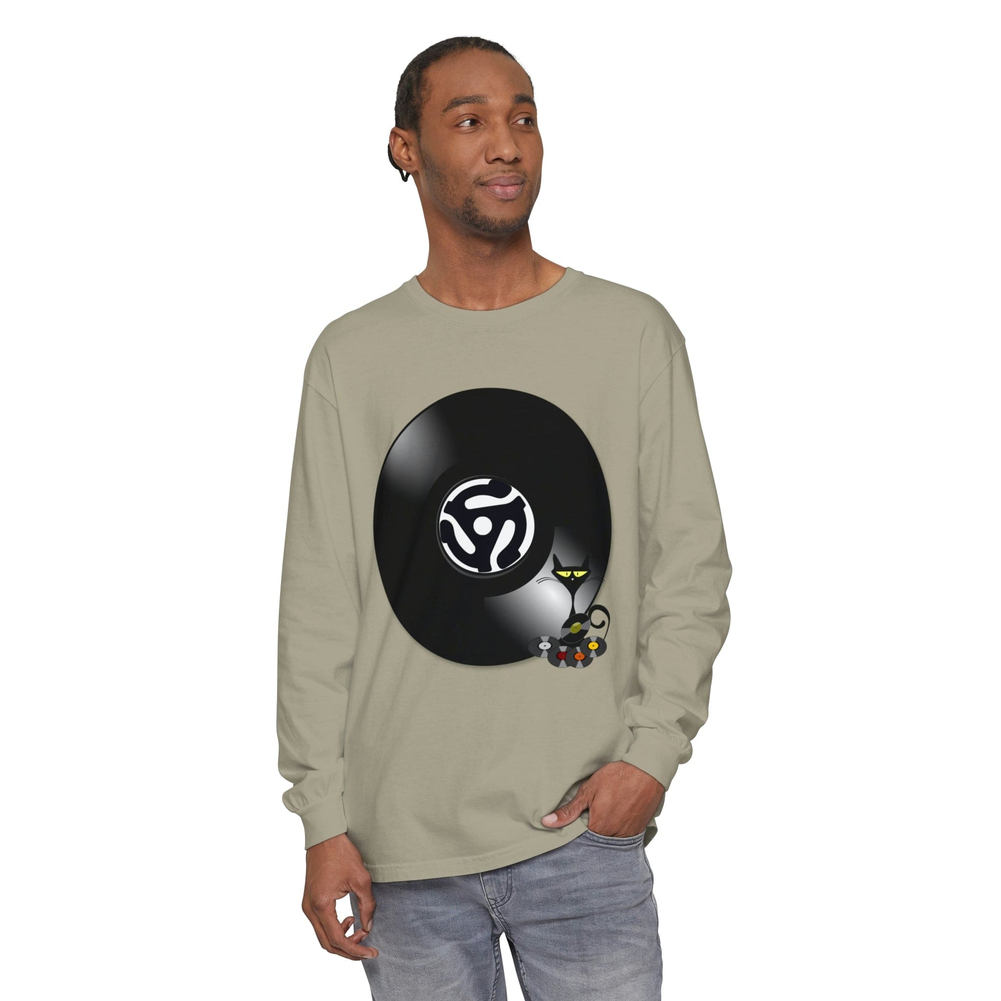 45 Rpm Vinyl Record, Cool Atomic Cat, Music Lover, DJ Spinning Unisex Long Sleeve T-Shirt Long-sleeve