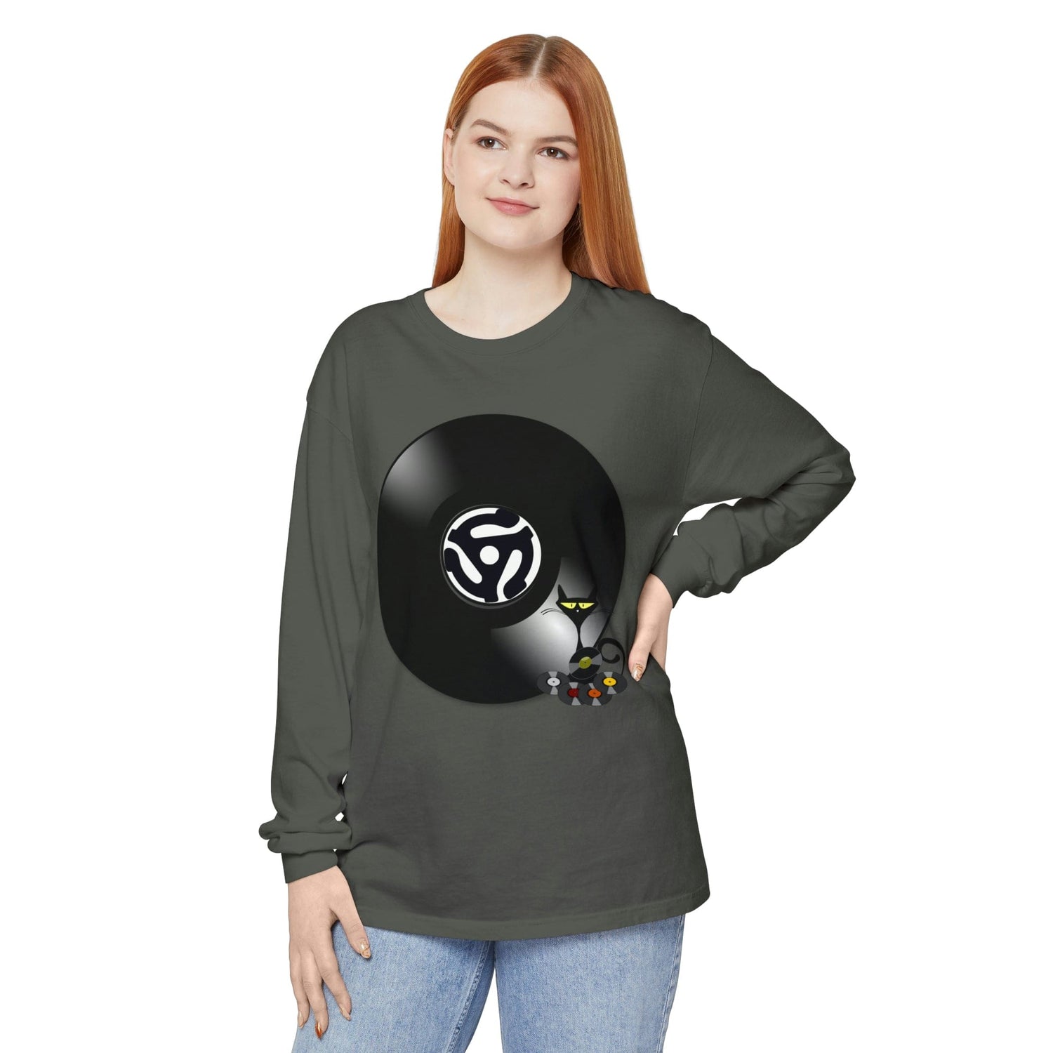 45 Rpm Vinyl Record, Cool Atomic Cat, Music Lover, DJ Spinning Unisex Long Sleeve T-Shirt Long-sleeve