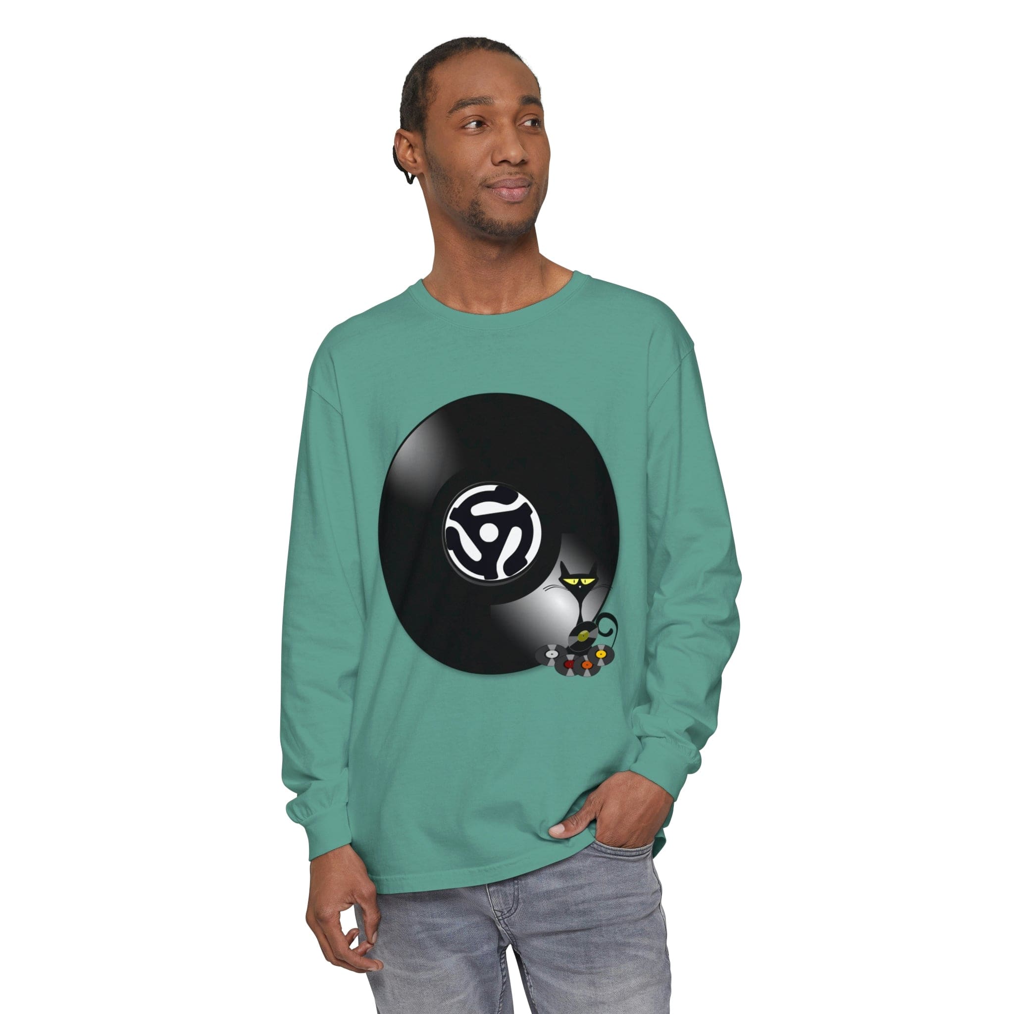 45 Rpm Vinyl Record, Cool Atomic Cat, Music Lover, DJ Spinning Unisex Long Sleeve T-Shirt Long-sleeve