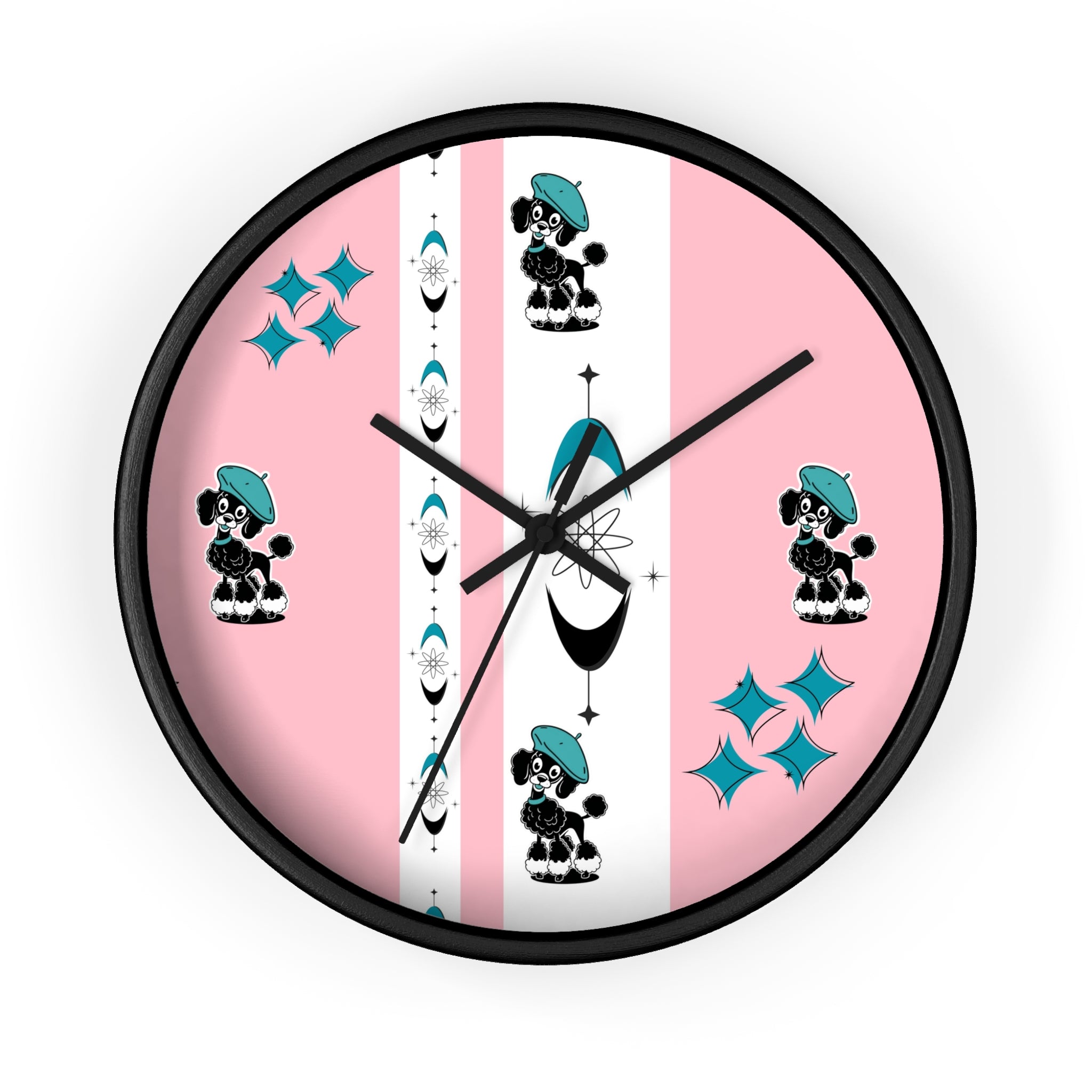 Mid Century Modern Atomic Pink Starburst Wall Clock with Cute Retro Mod Poodle Design - Mid Century Modern Gal