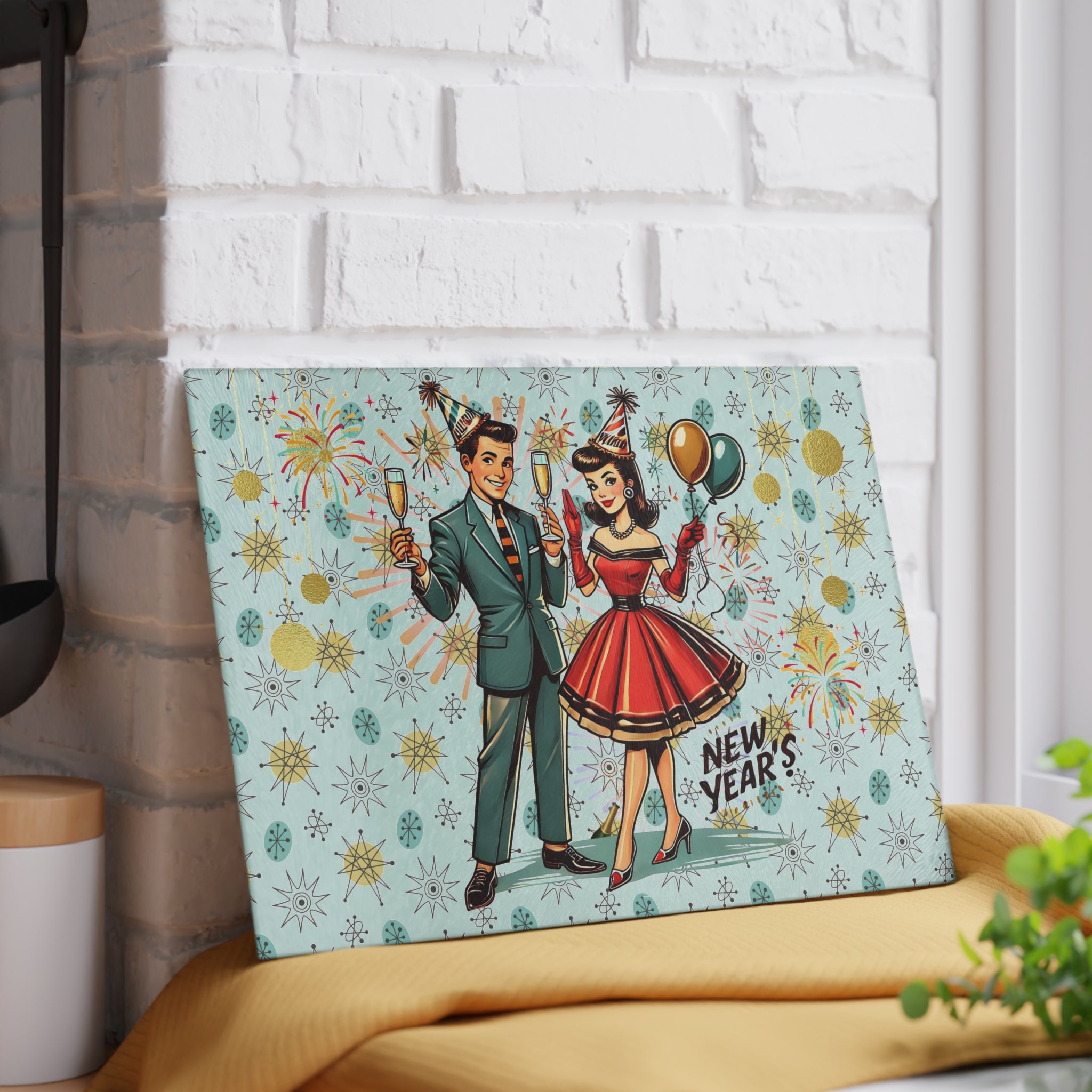 Mid Century Modern Franciscan Diamond Kitschy Couple New Year Party Cheese Board, Glass Cutting Board - Mid Century Modern Gal