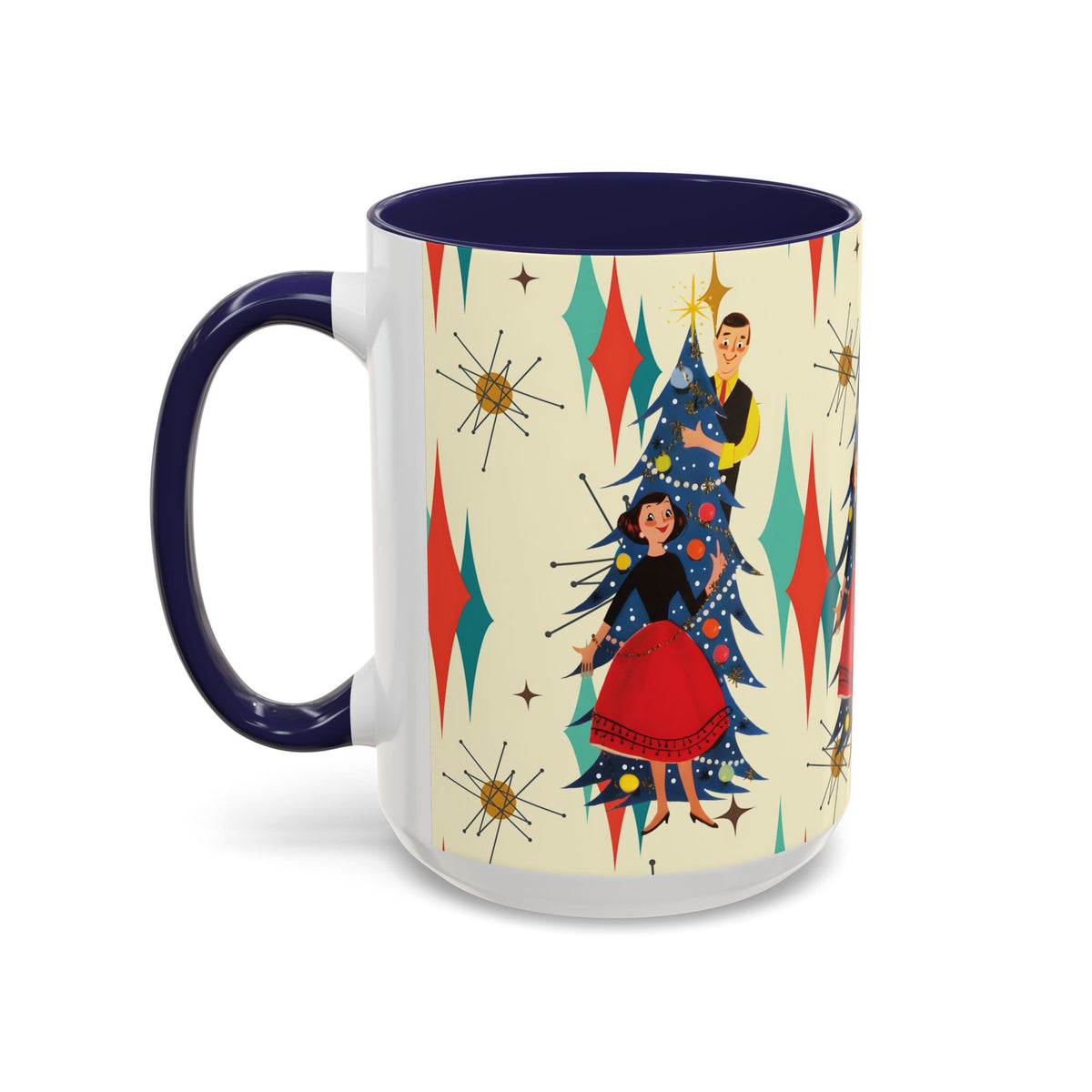 Mid Century Modern 50s Kitsch Christmas starburst coffee mug featuring retro characters decorating a tree with vibrant colors.