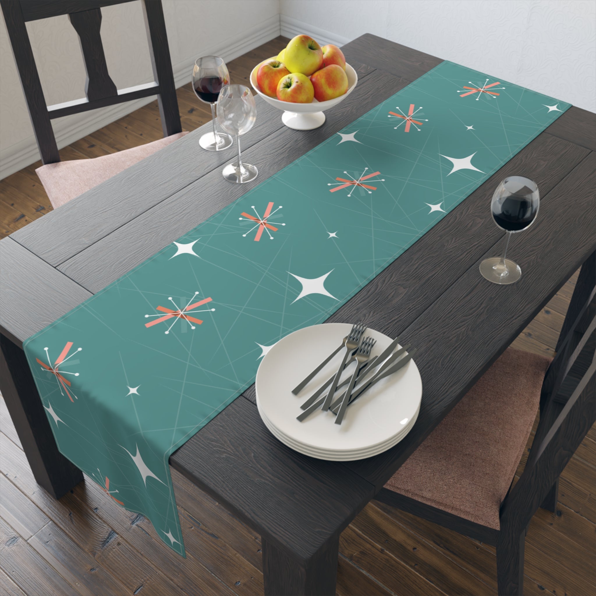 Mid Century Modern, Kitchen, Dining, Table Runner, Teal Blue, Pink, Abstract Starburst MCM Designs - Mid Century Modern Gal