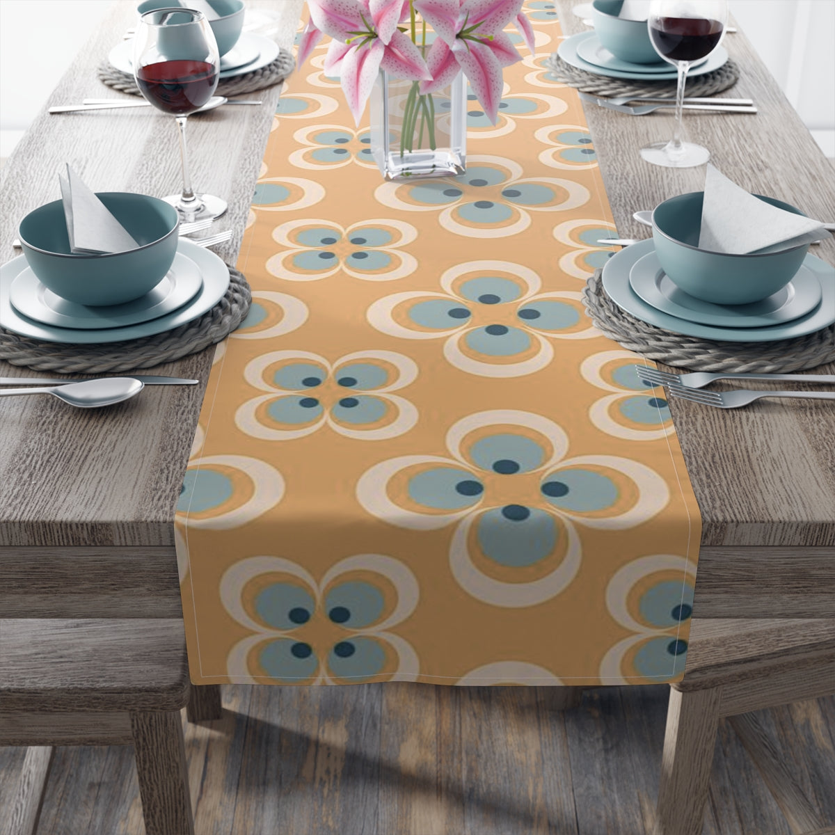 Mid Century Modern Table Runner, Retro Scandinavian Modern Danish Geometric Design, Orange, Blue Table Runner - Mid Century Modern Gal