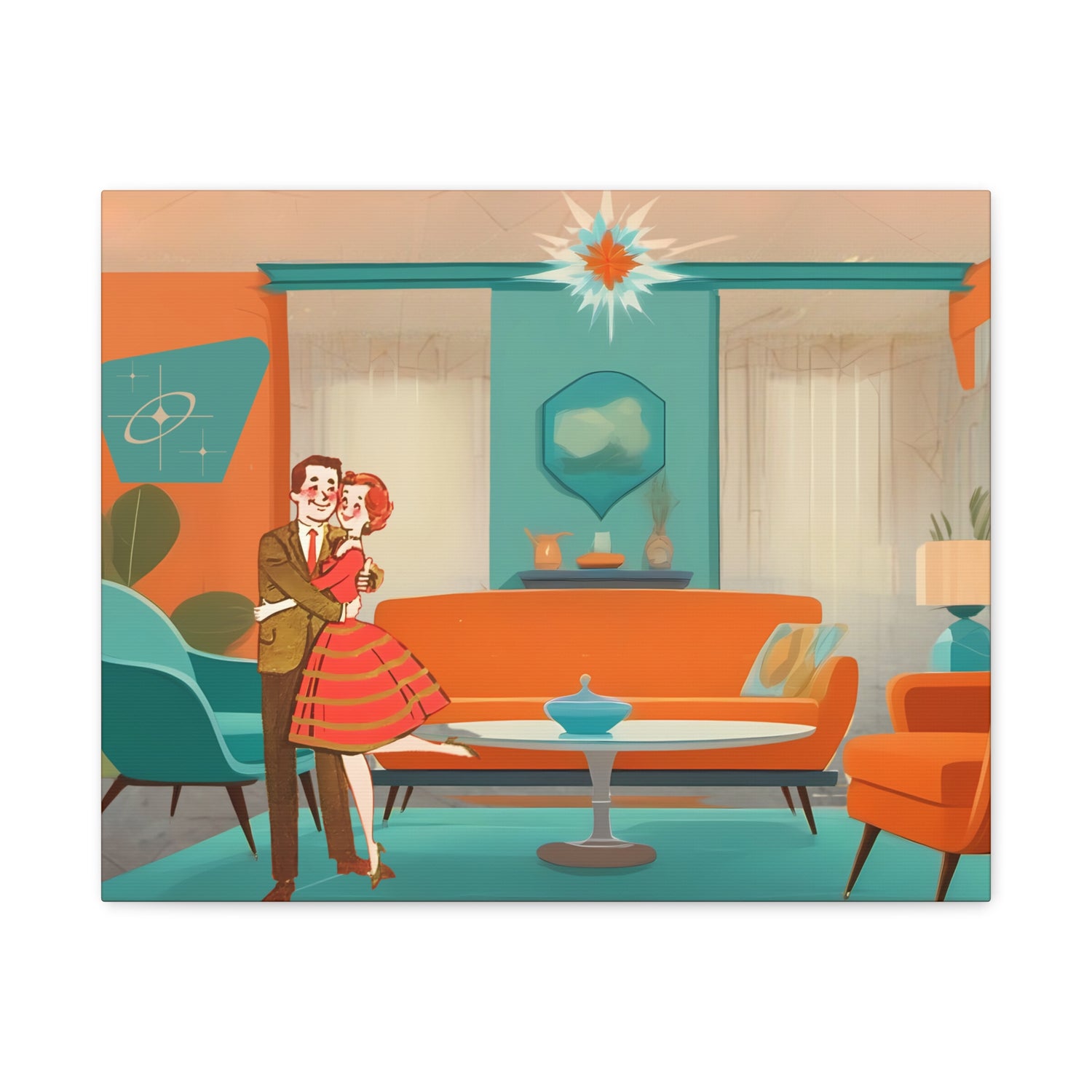 Mid Century Modern Wall Art, 50s Couple, Orange Teal, Mod Retro Wall Art - Mid Century Modern Gal