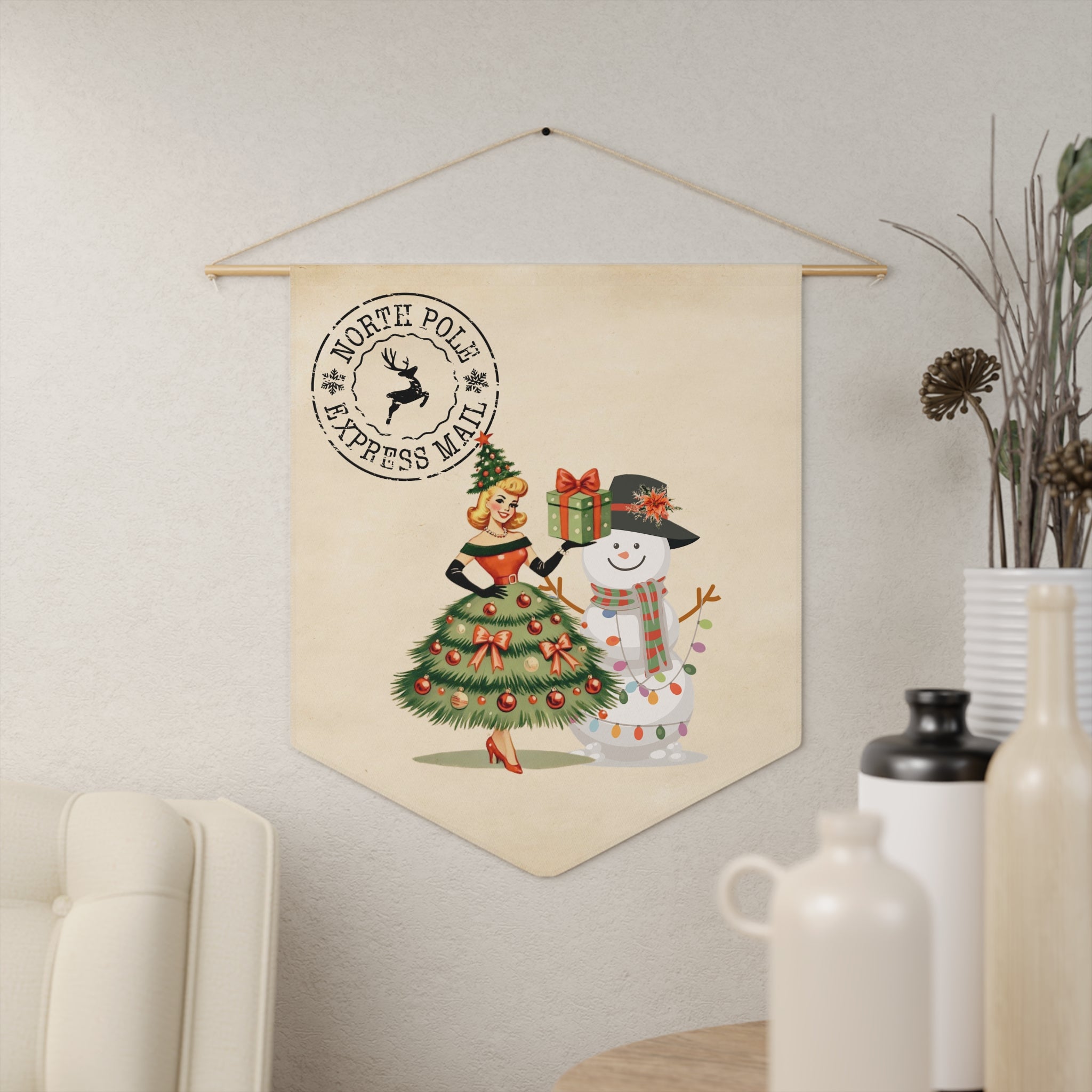 Whimsical North Pole Express Mail Pennant for Holiday Cheer - Mid Century Modern Gal