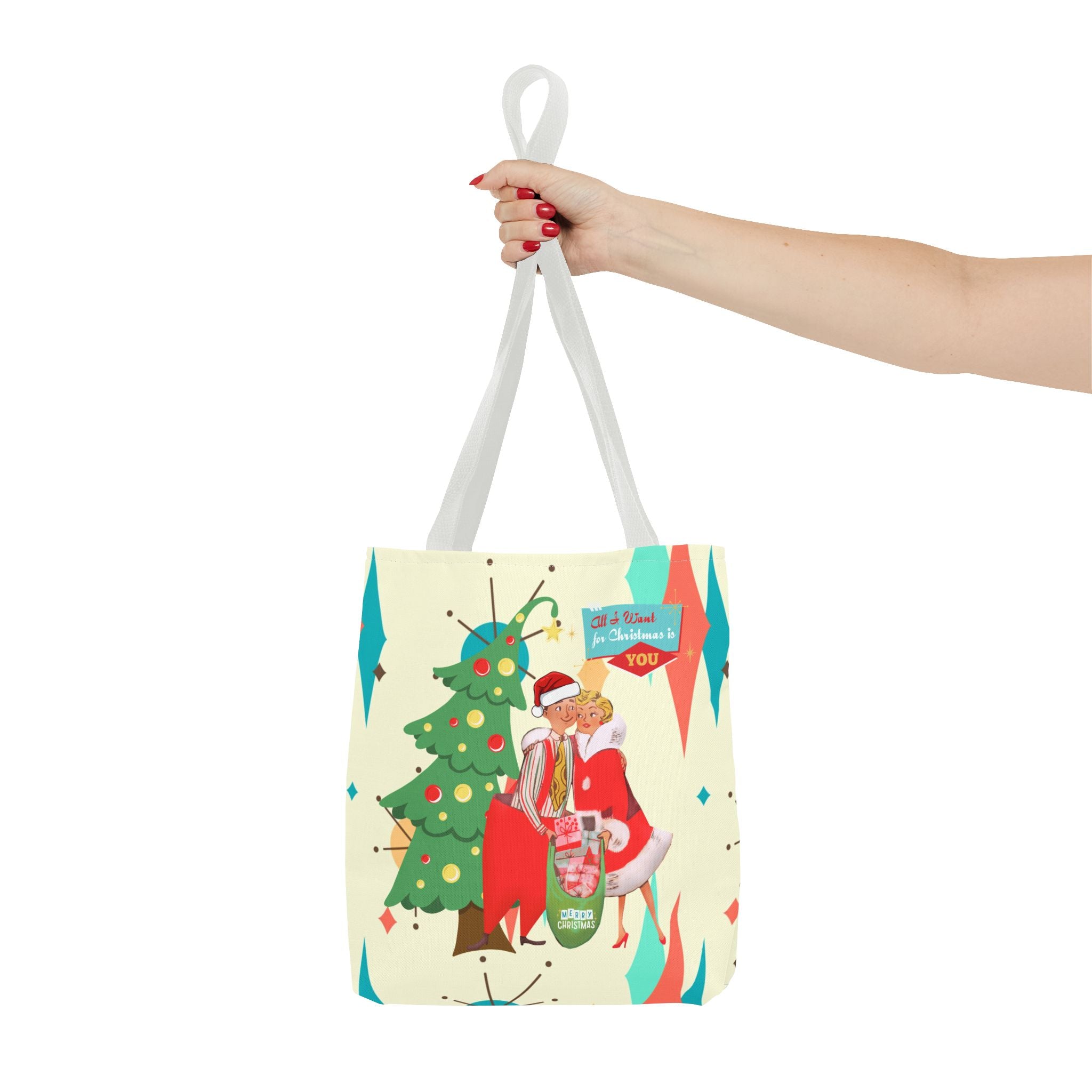 Christmas Couples Tote Bag, Cute Holiday Gift, Fun Shopping Bag, Joyful Christmas Decor, Merry Tote for Party Use - Mid Century Modern Gal