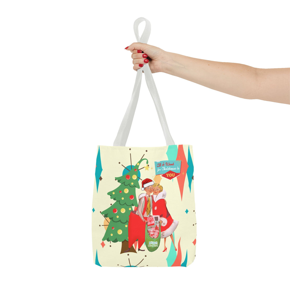 Christmas Couples Tote Bag, Cute Holiday Gift, Fun Shopping Bag, Joyful Christmas Decor, Merry Tote for Party Use - Mid Century Modern Gal