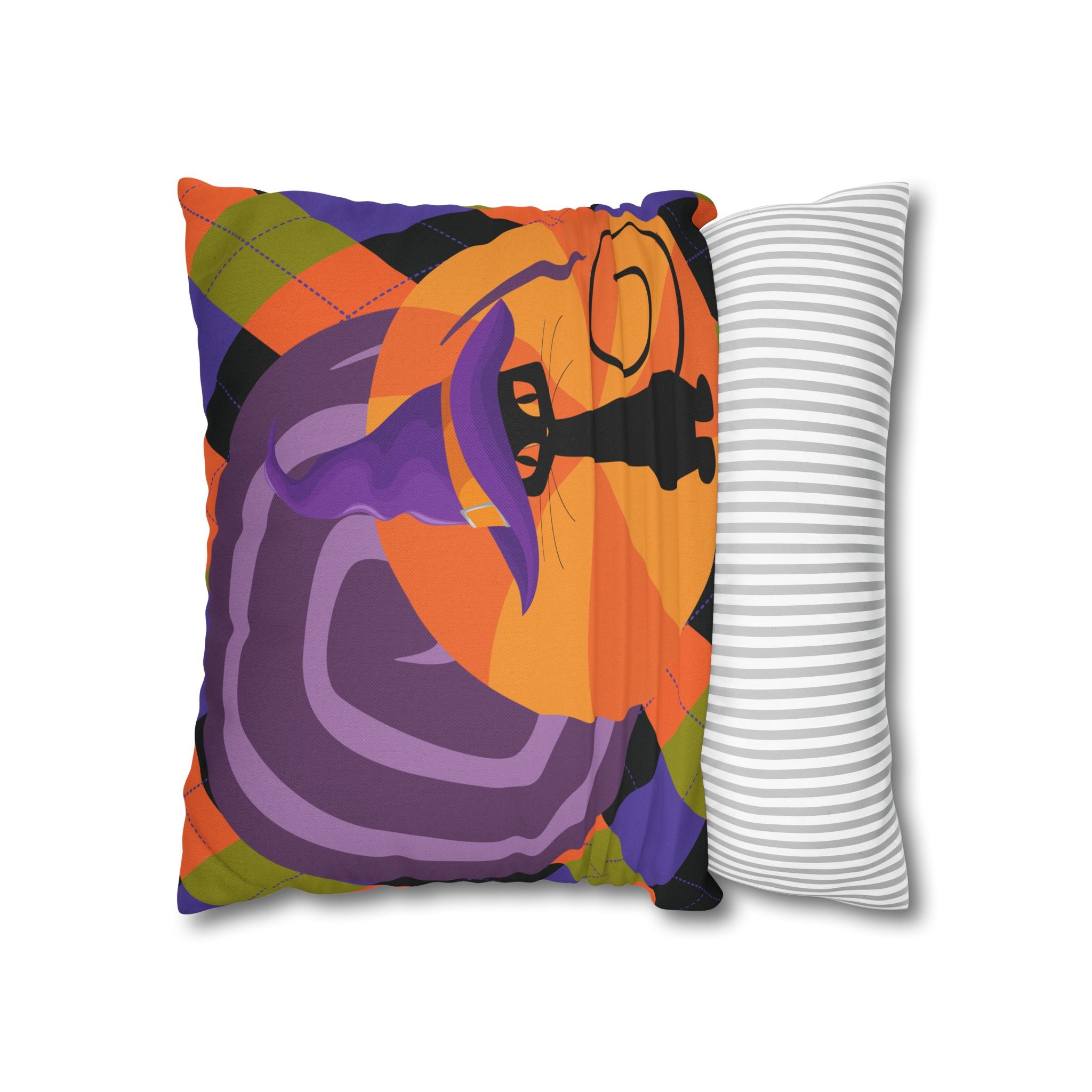 Atomic Cat Harlequin Pattern Orange Purple Black, Kitschy Halloween Pillow Cover - Mid Century Modern Gal