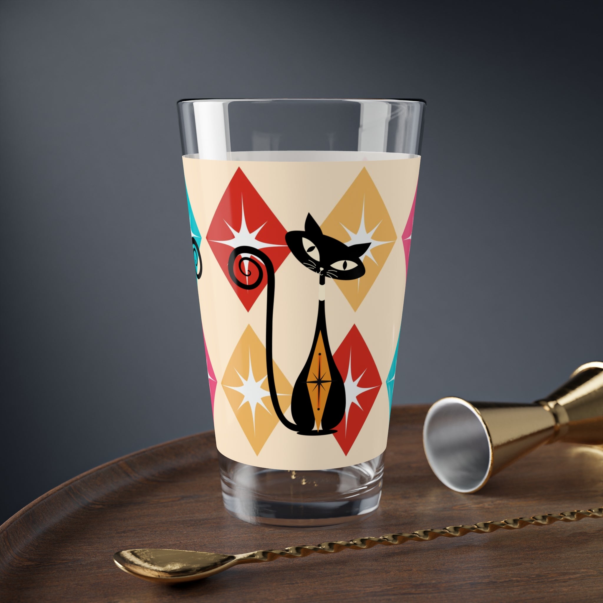 Atomic Cat Kitschy Mod Pint Glass, Harlequin Diamonds, Starburst Mid Century Modern Barcart Barware Mixing Glass, 16oz - Mid Century Modern Gal