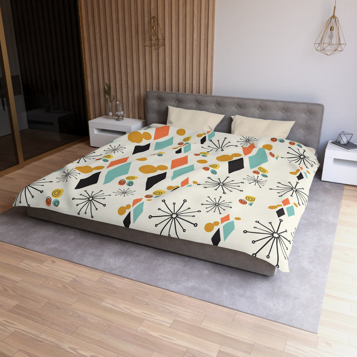 Mid Century Modern Bedding, Atomic Diamond, Sputnik,Beige, Aqua, Coral,Mustard Yellow, Retro Mod Duvet Covers - Mid Century Modern Gal