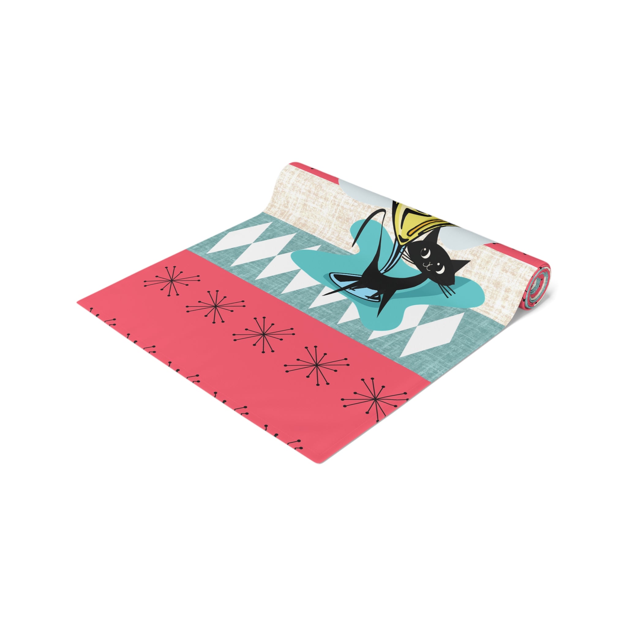 Atomic Martini Cat, Mid Mod Coral, Aqua, Starbursts Mid Century Modern Barware Table Runner - Mid Century Modern Gal