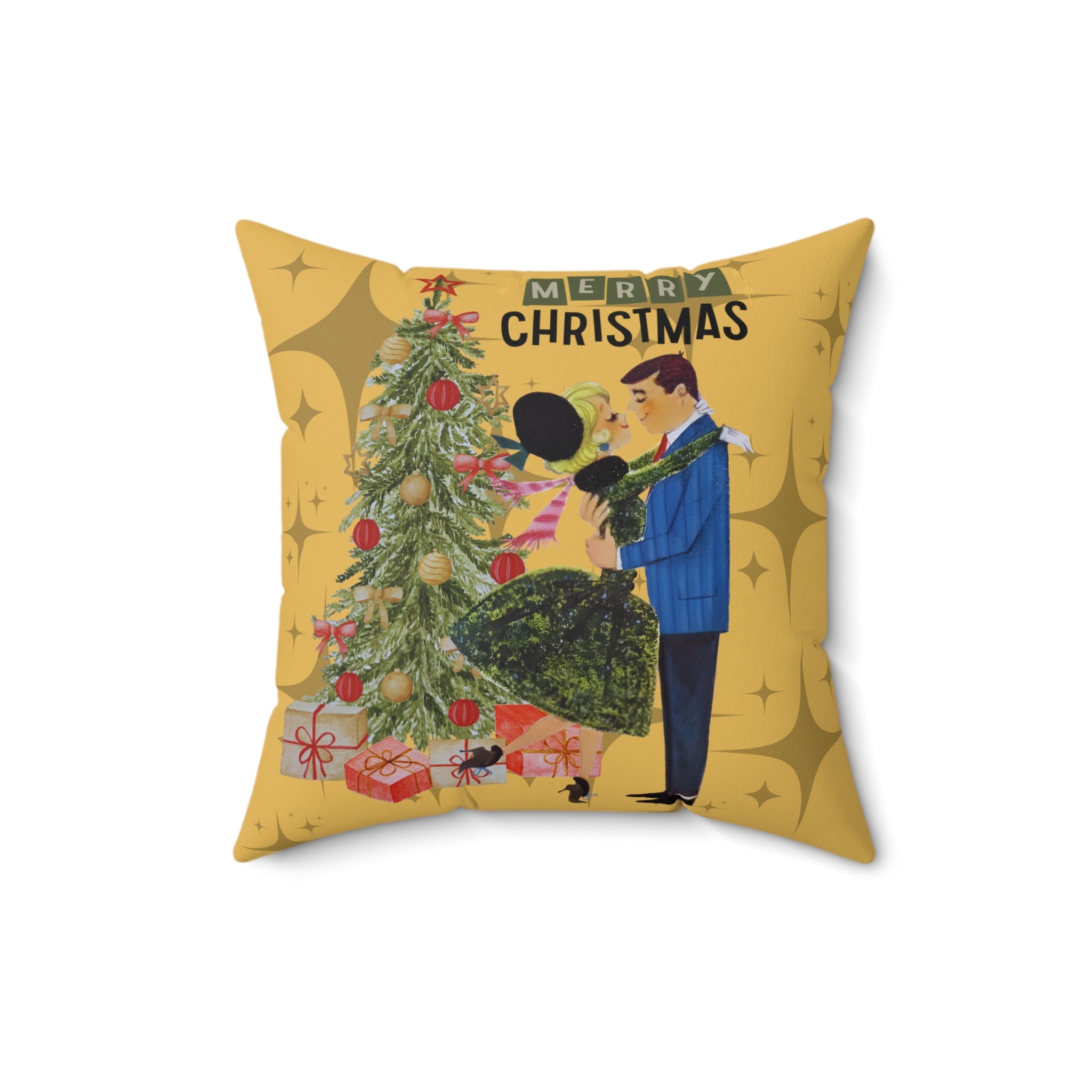 Retro Holiday Kitsch, Merry Christmas Decorative Pillow - Retro Holiday Throw Cushion - Mid Century Modern Gal